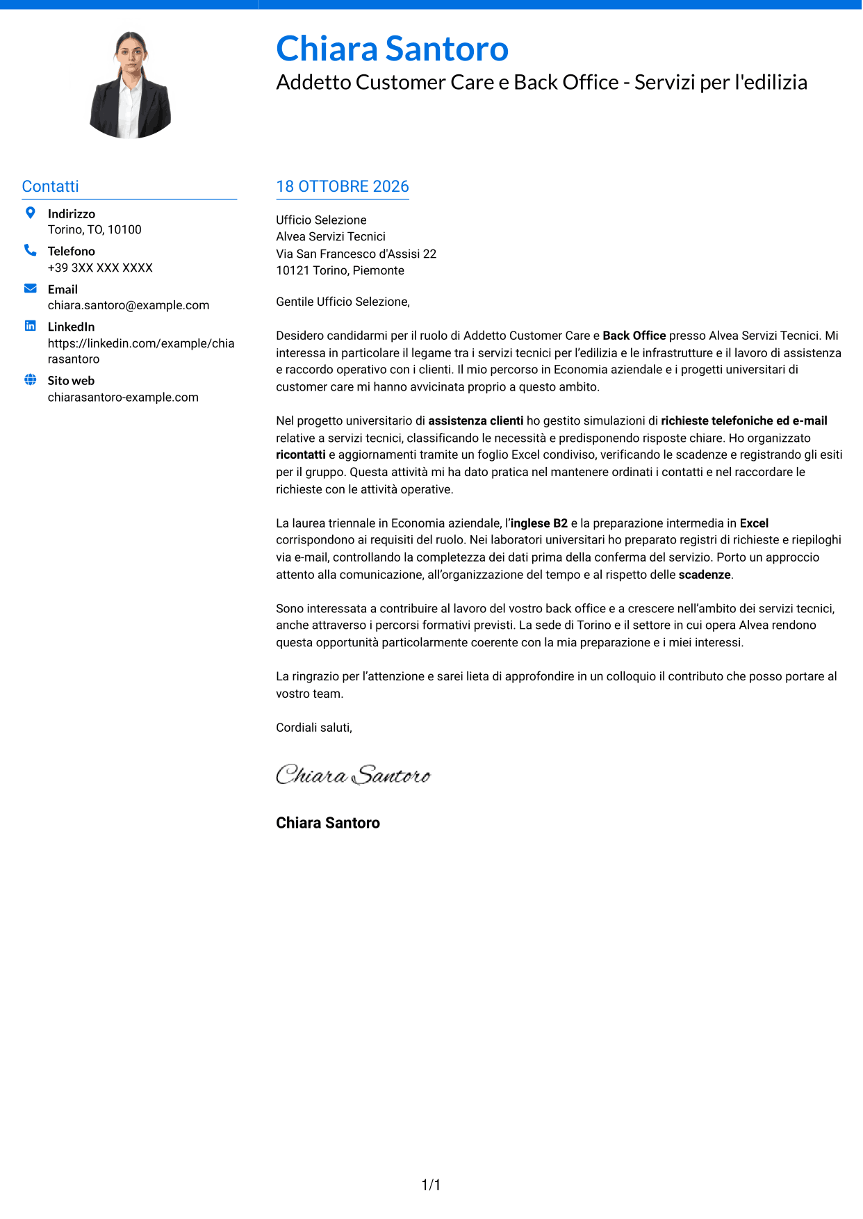 Lettera di presentazione Audace (formato a due colonne con accenti colorati e foto): Addetto Customer Care e Back Office - Servizi per l'edilizia, pagina 1