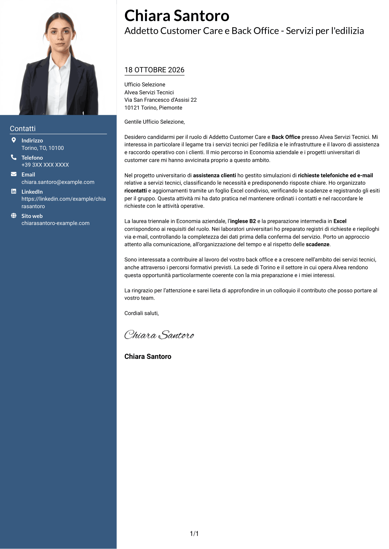 Lettera di presentazione Signature (formato con colonna laterale colorata e foto grande): Addetto Customer Care e Back Office - Servizi per l'edilizia, pagina 1