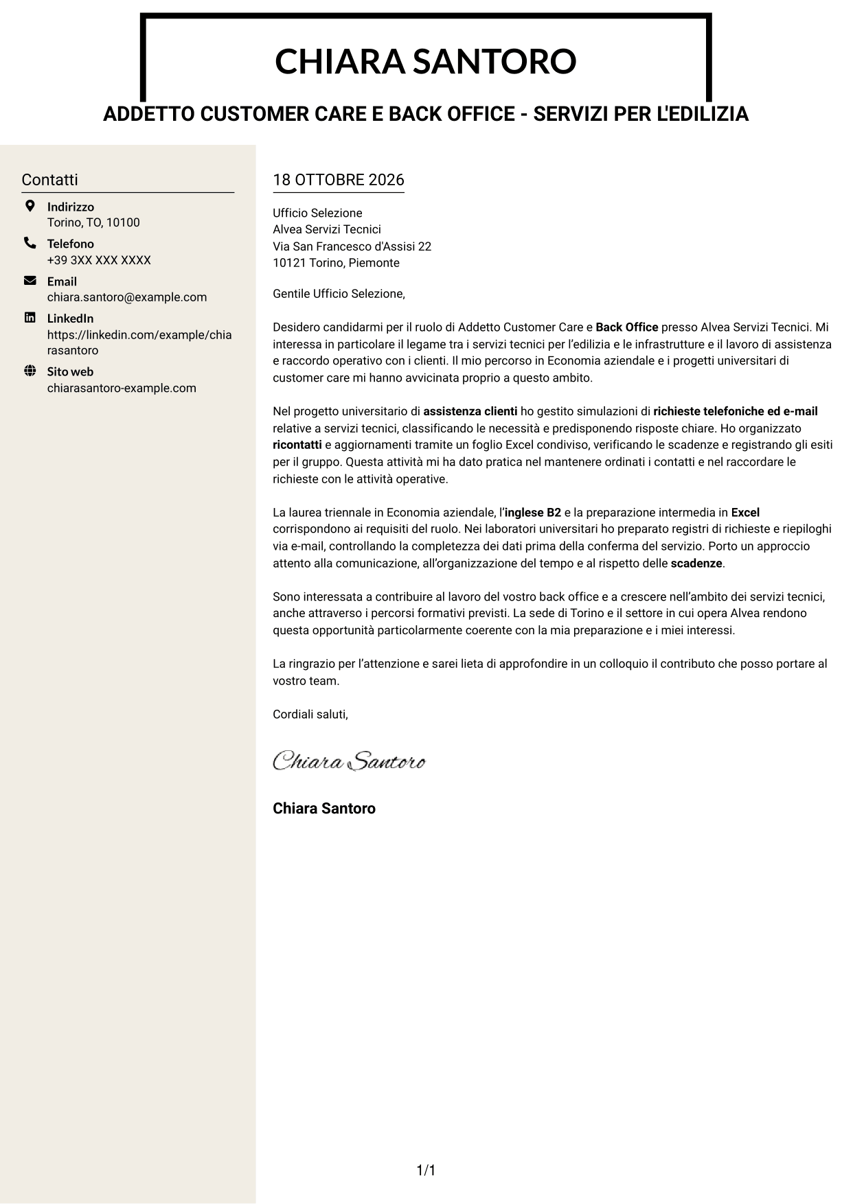 Lettera di presentazione Intraprendente (formato a due colonne con intestazione centrata senza foto): Addetto Customer Care e Back Office - Servizi per l'edilizia, pagina 1