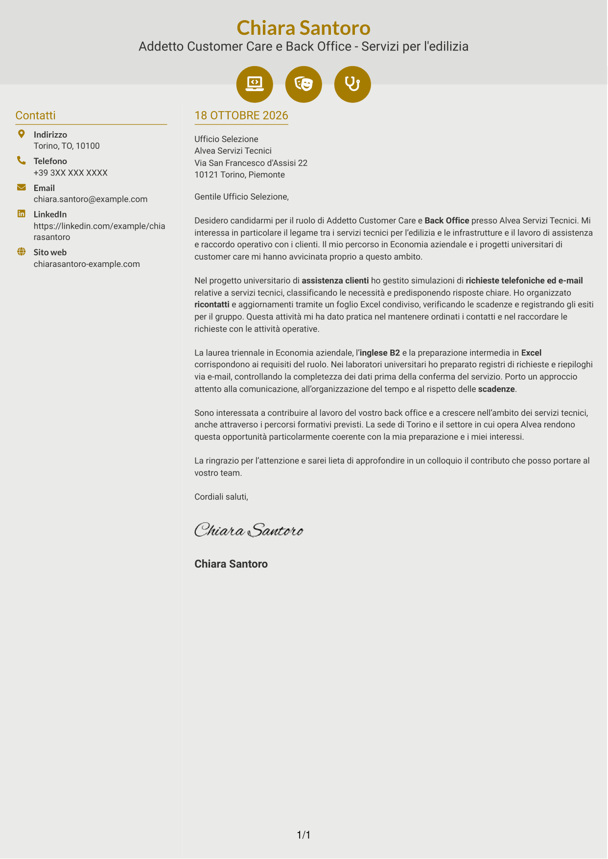 Lettera di presentazione Dinamico (formato a due colonne con icone): Addetto Customer Care e Back Office - Servizi per l'edilizia, pagina 1
