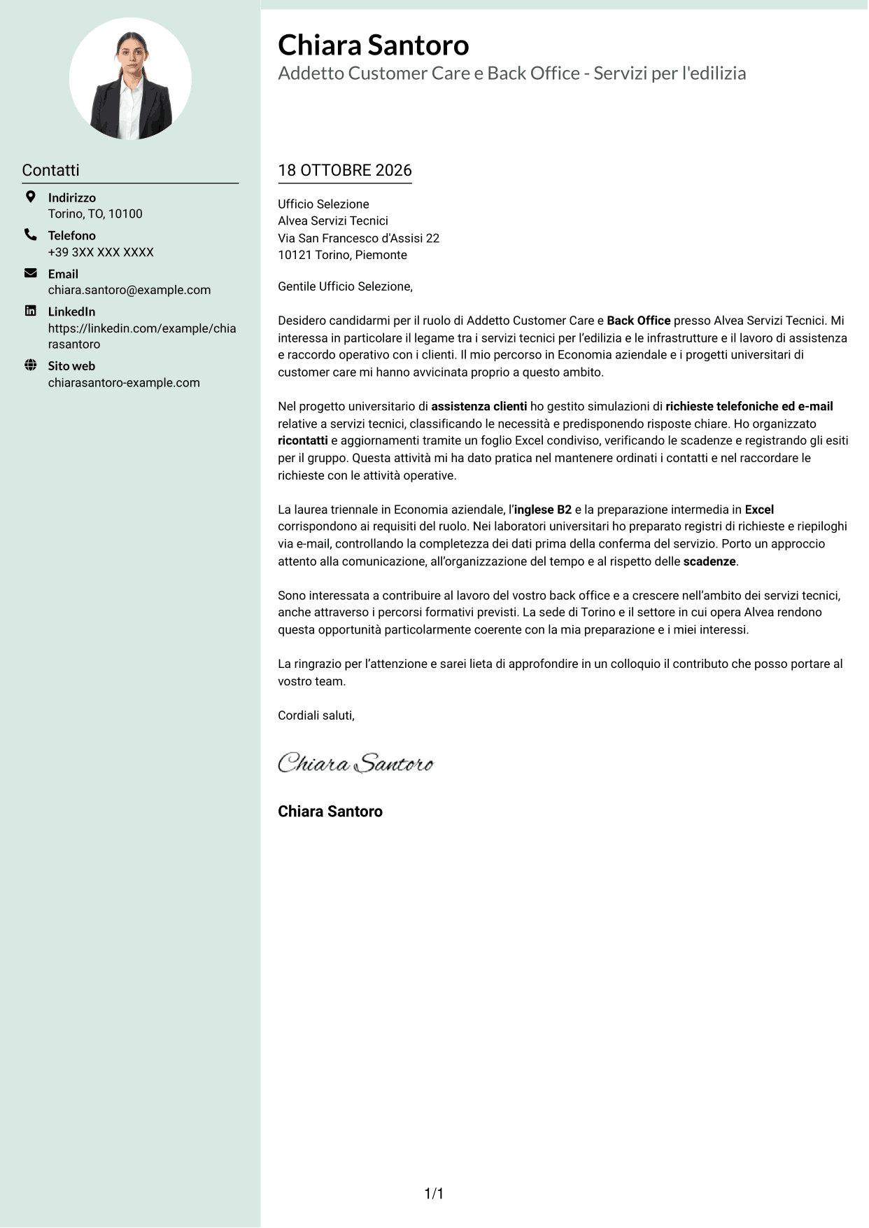 Lettera di presentazione Dirigente (formato con colonna laterale tenue e foto arrotondata): Addetto Customer Care e Back Office - Servizi per l'edilizia, pagina 1
