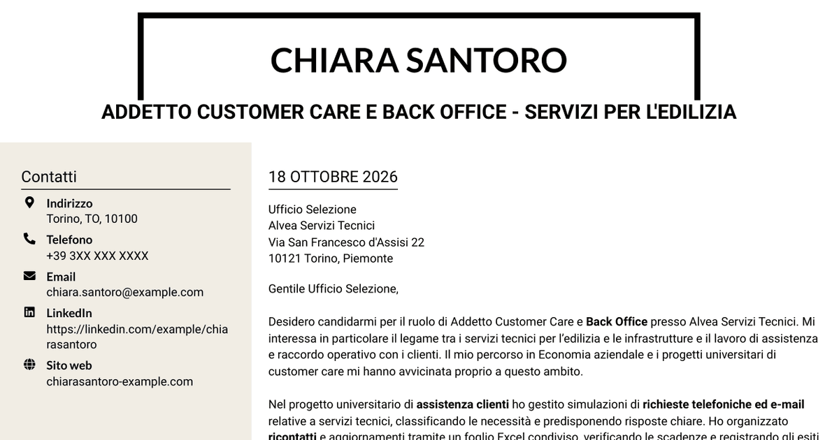 7 modelli di lettera di presentazione per Addetto Customer Care e Back Office - Servizi per l'edilizia, con esempi