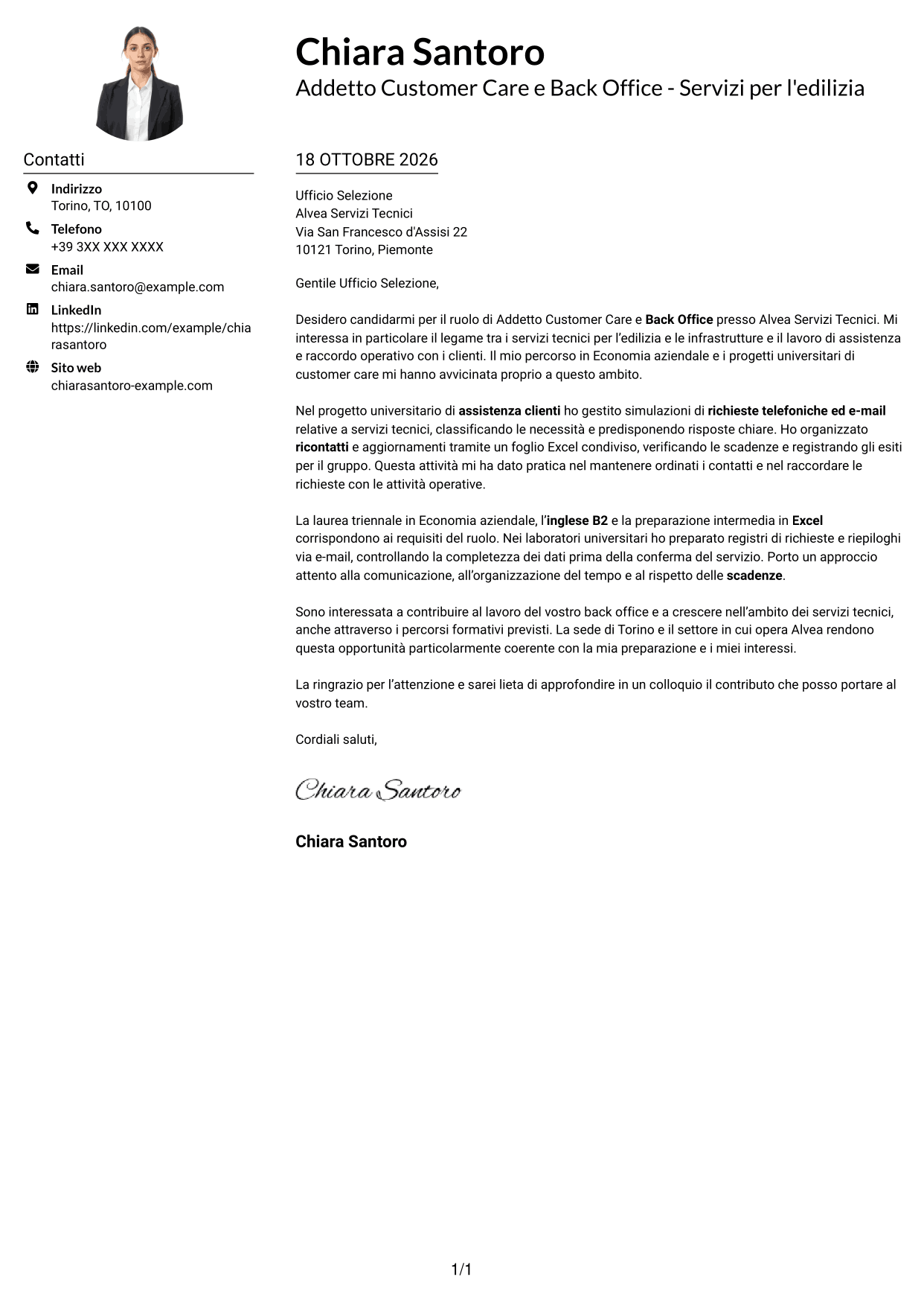 Esempio di lettera di presentazione — pagina 1