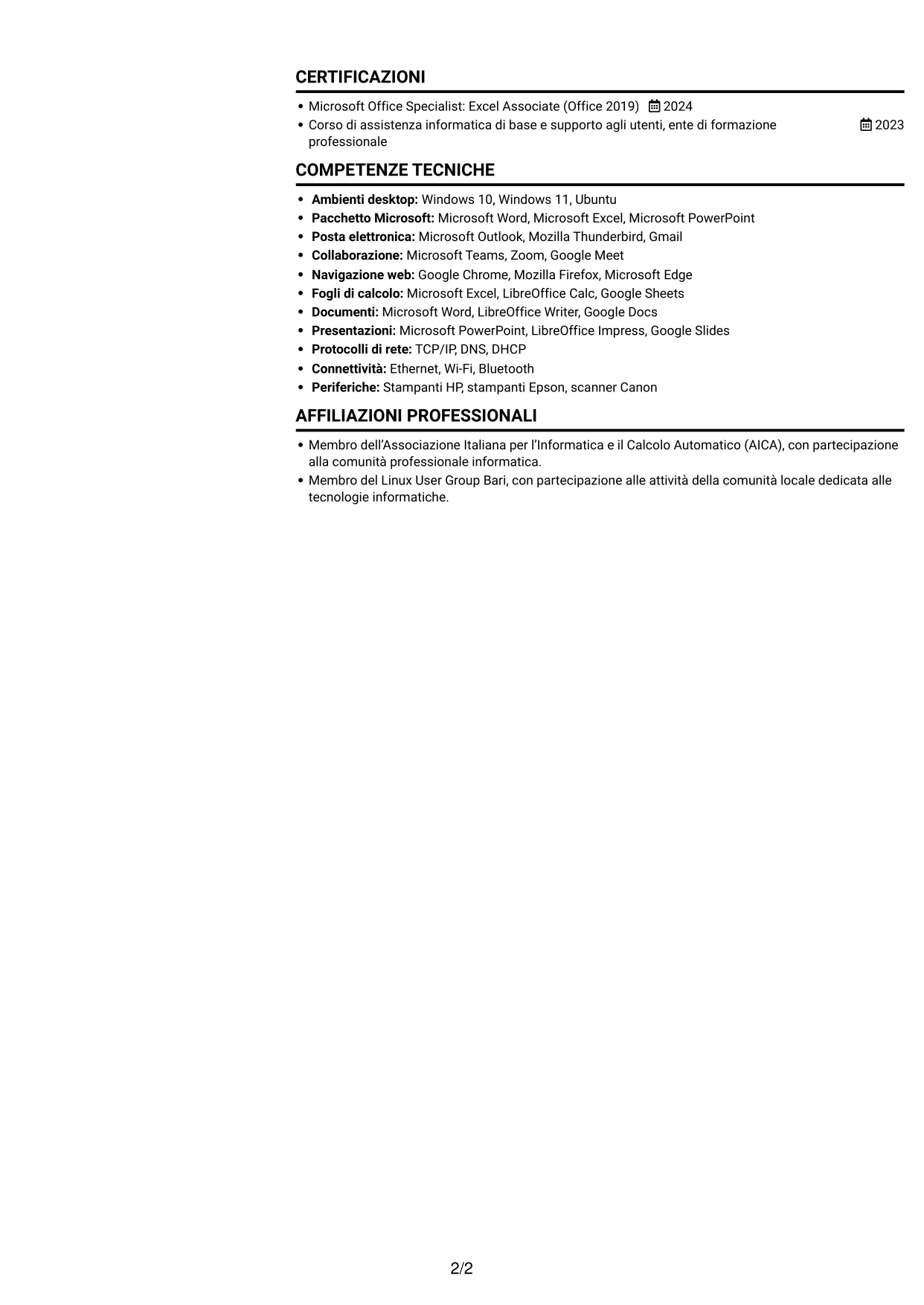 CV Compatto (formato sobrio a due colonne con foto): Addetto Help Desk di Primo Livello - Supporto Informatico e Amministrativo, pagina 2