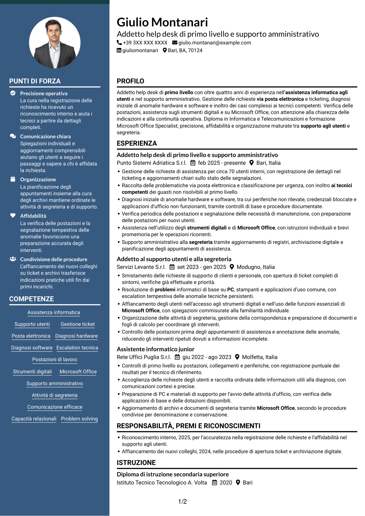 CV Elegante (formato con colonna laterale colorata e foto): Addetto Help Desk di Primo Livello - Supporto Informatico e Amministrativo, pagina 1