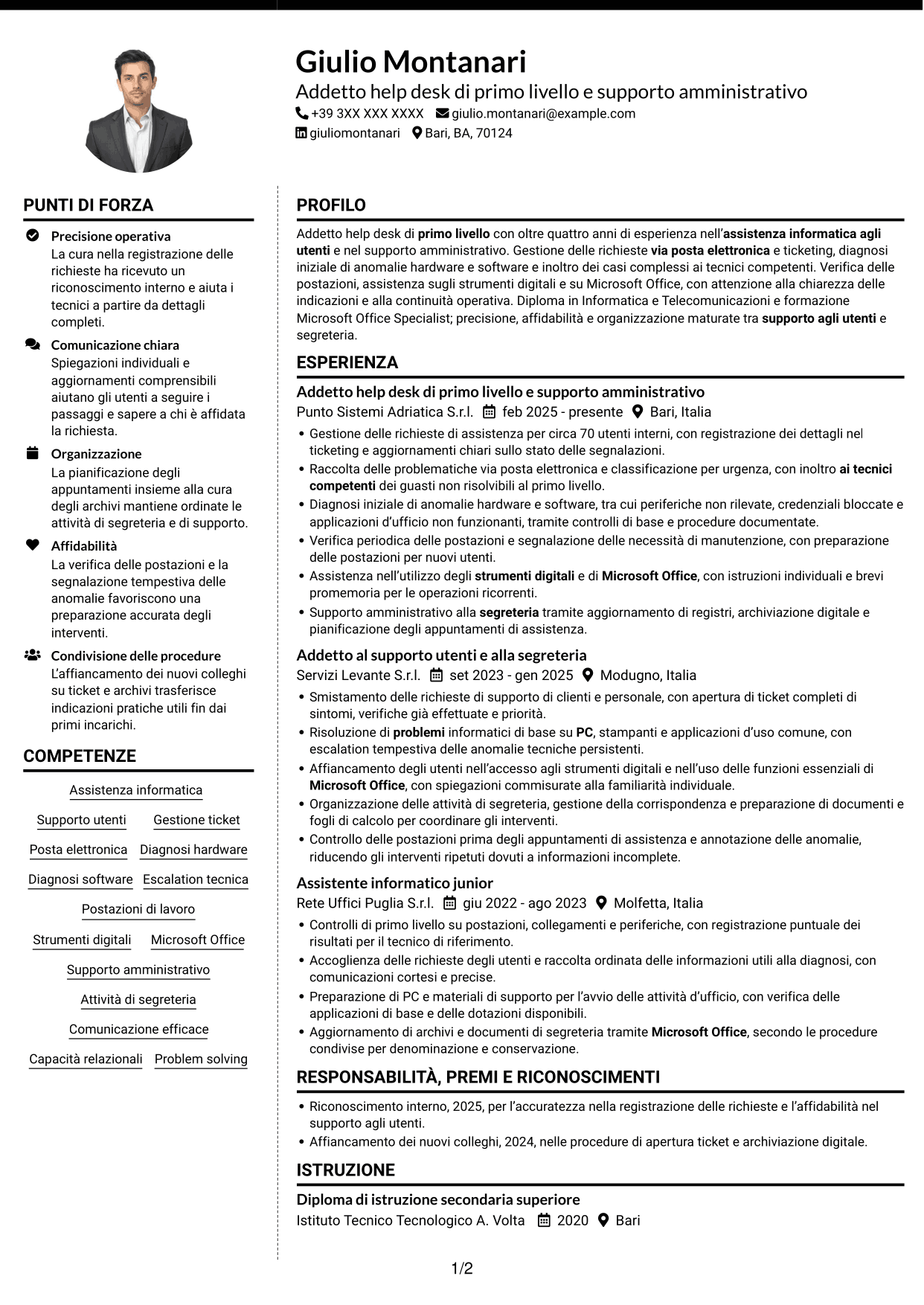 CV Moderno (formato a due colonne con foto a sinistra e separatore): Addetto Help Desk di Primo Livello - Supporto Informatico e Amministrativo, pagina 1
