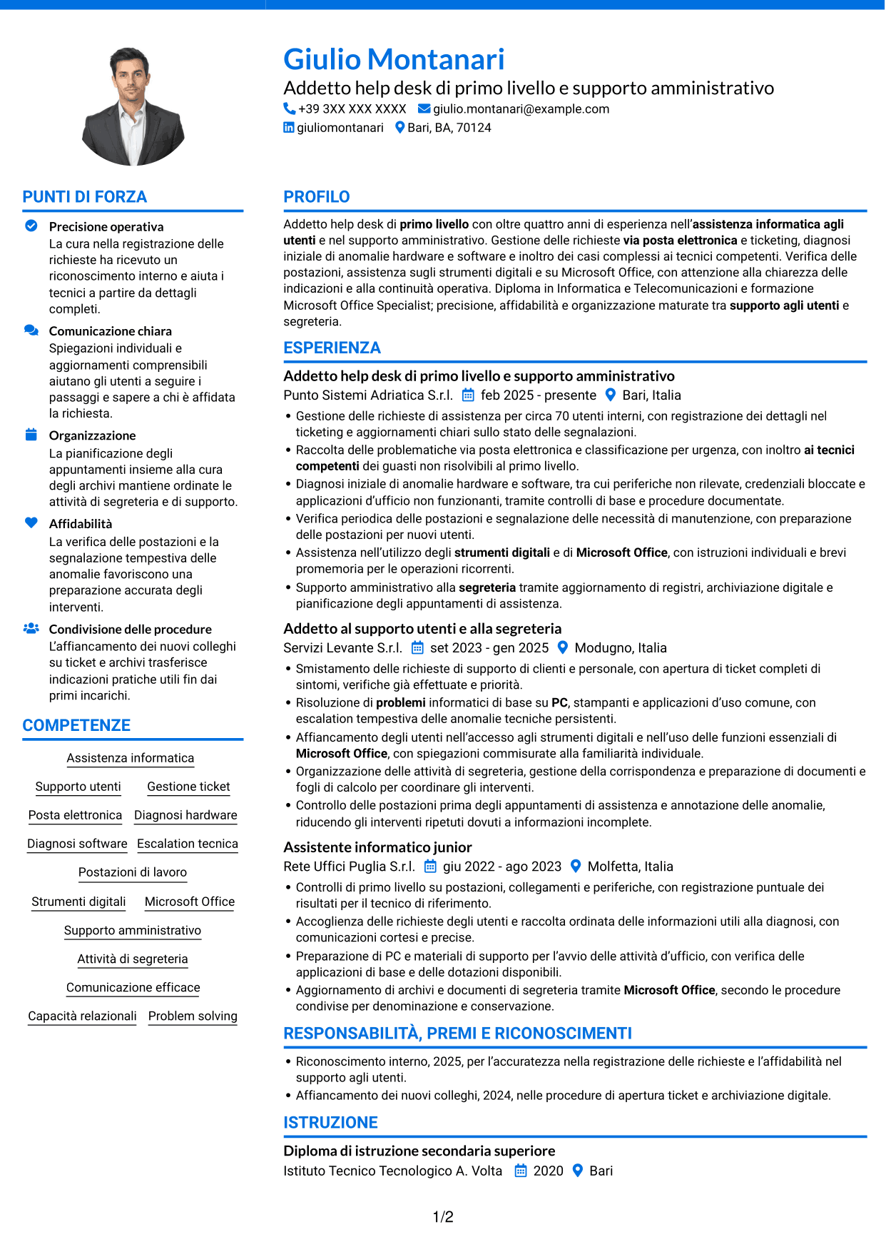 CV Audace (formato a due colonne con accenti colorati e foto): Addetto Help Desk di Primo Livello - Supporto Informatico e Amministrativo, pagina 1