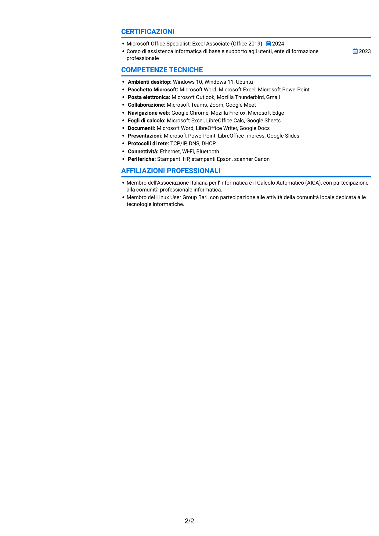 CV Audace (formato a due colonne con accenti colorati e foto): Addetto Help Desk di Primo Livello - Supporto Informatico e Amministrativo, pagina 2