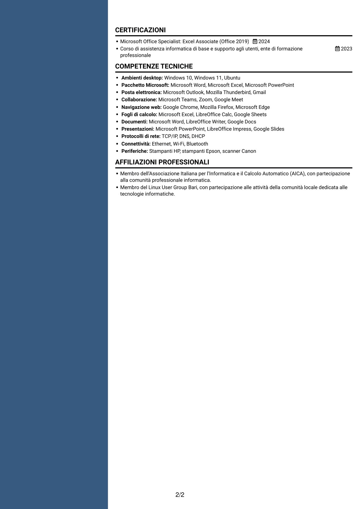 CV Signature (formato con colonna laterale colorata e foto grande): Addetto Help Desk di Primo Livello - Supporto Informatico e Amministrativo, pagina 2