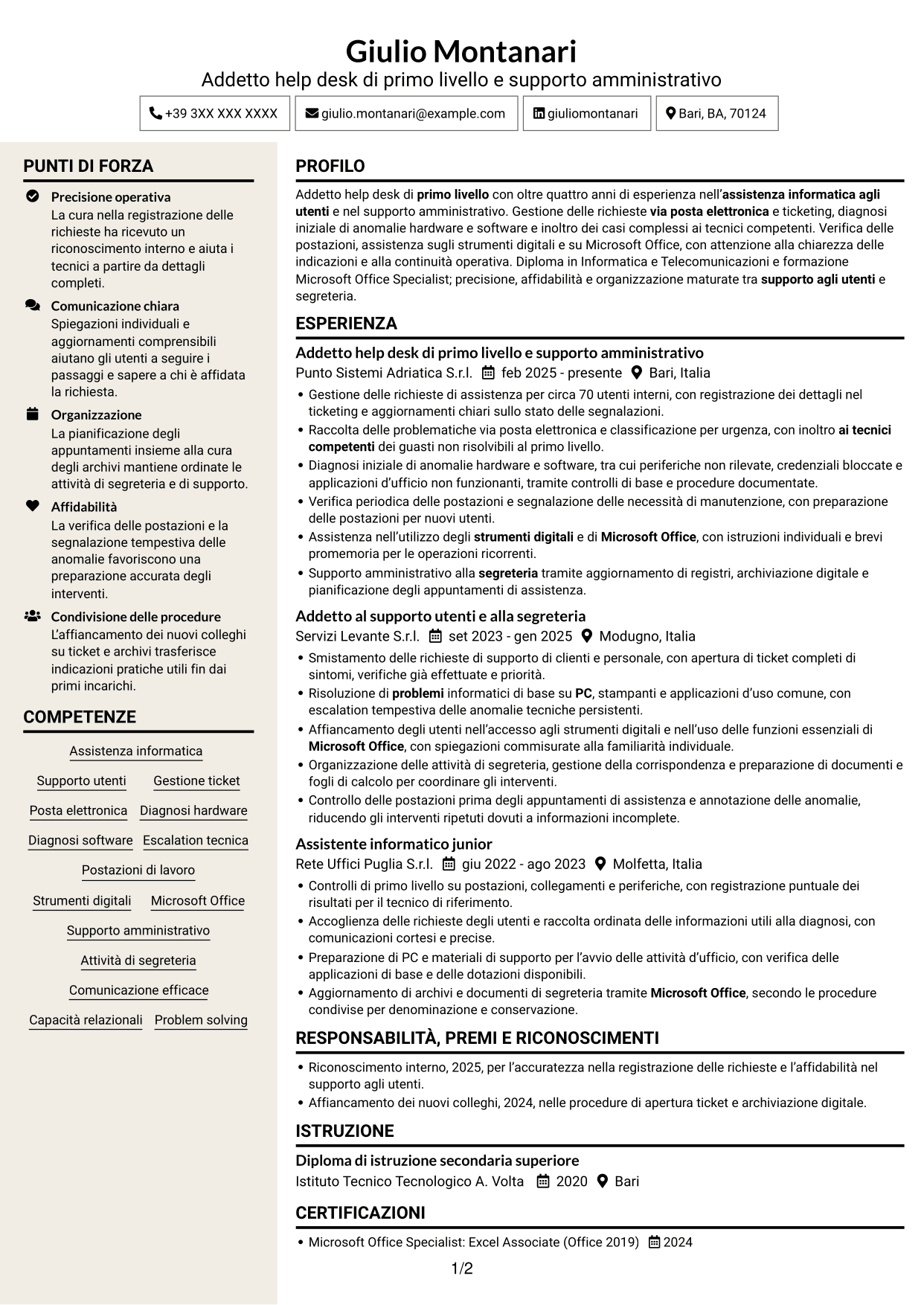 CV Intraprendente (formato a due colonne con intestazione centrata senza foto): Addetto Help Desk di Primo Livello - Supporto Informatico e Amministrativo, pagina 1