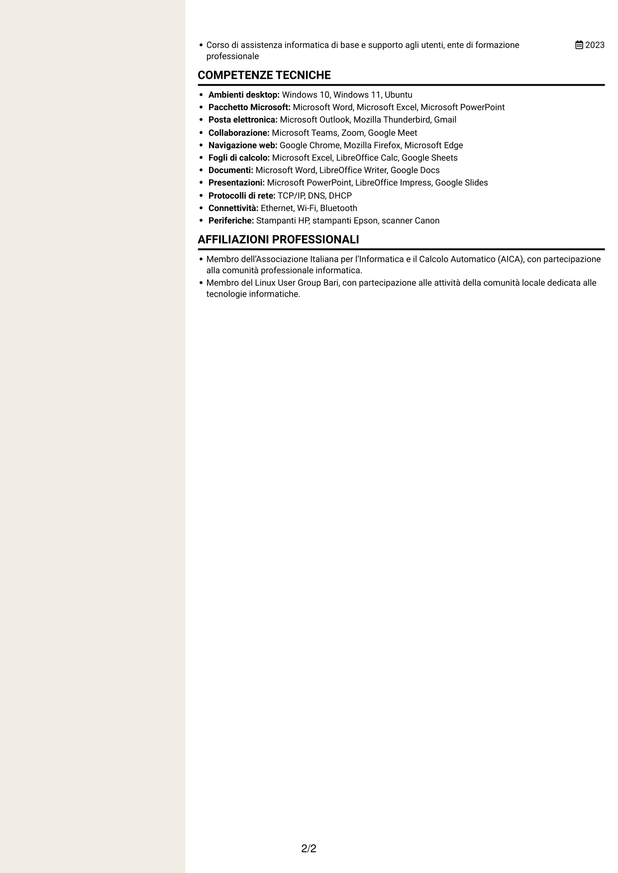 CV Intraprendente (formato a due colonne con intestazione centrata senza foto): Addetto Help Desk di Primo Livello - Supporto Informatico e Amministrativo, pagina 2