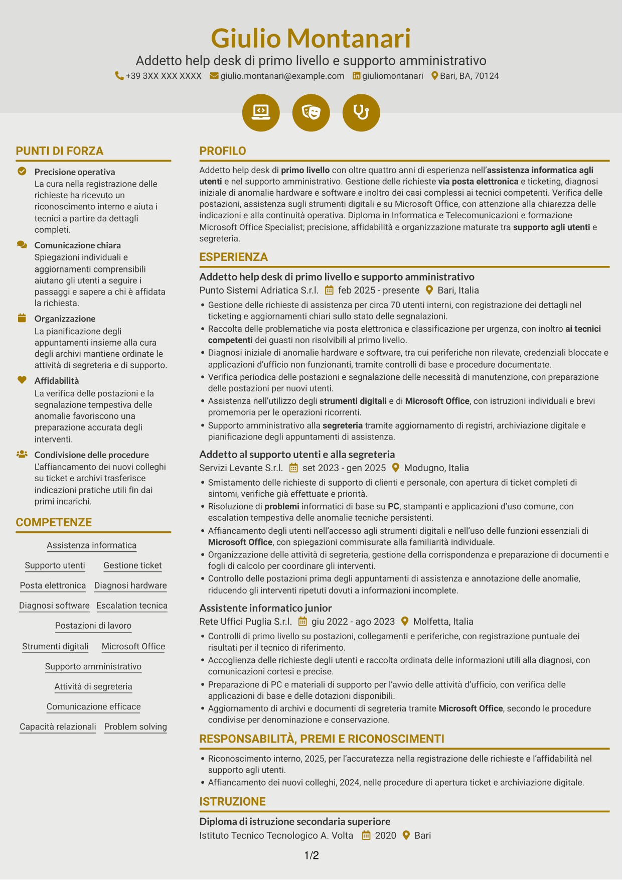 CV Dinamico (formato a due colonne con icone): Addetto Help Desk di Primo Livello - Supporto Informatico e Amministrativo, pagina 1