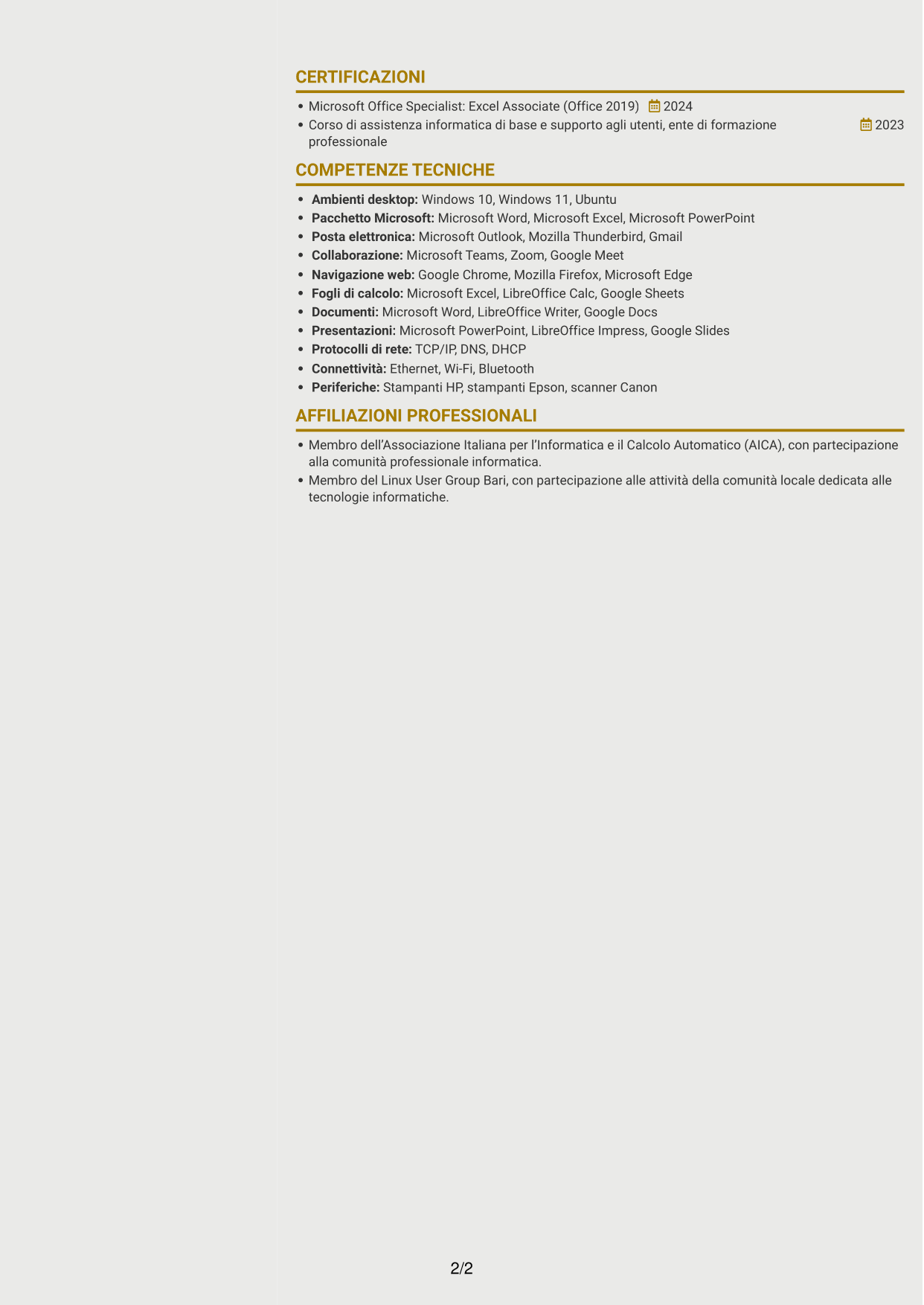 CV Dinamico (formato a due colonne con icone): Addetto Help Desk di Primo Livello - Supporto Informatico e Amministrativo, pagina 2