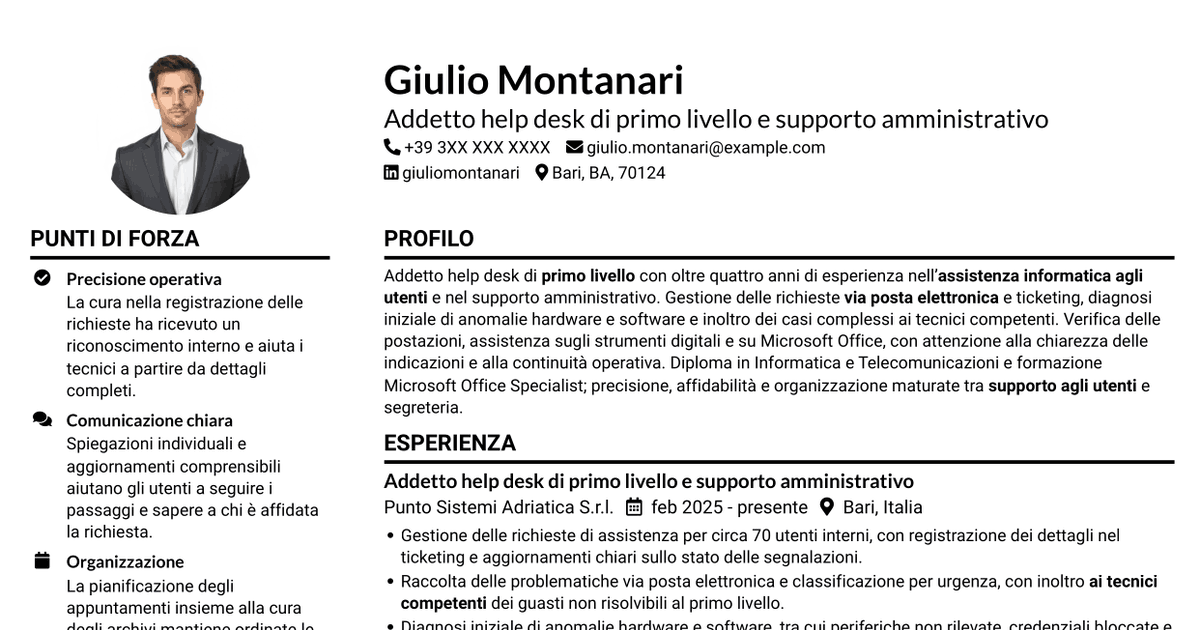 7 modelli di CV per Addetto Help Desk di Primo Livello - Supporto Informatico e Amministrativo, con esempi