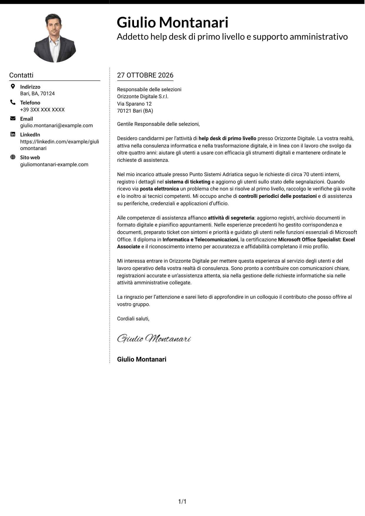 Lettera di presentazione Moderno (formato a due colonne con foto a sinistra e separatore): Addetto Help Desk di Primo Livello - Supporto Informatico e Amministrativo, pagina 1