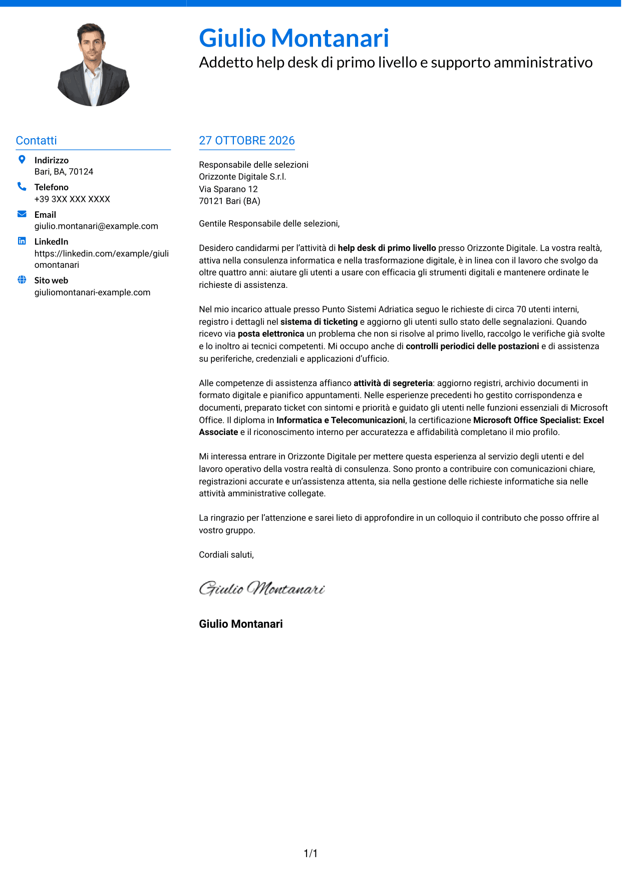 Lettera di presentazione Audace (formato a due colonne con accenti colorati e foto): Addetto Help Desk di Primo Livello - Supporto Informatico e Amministrativo, pagina 1
