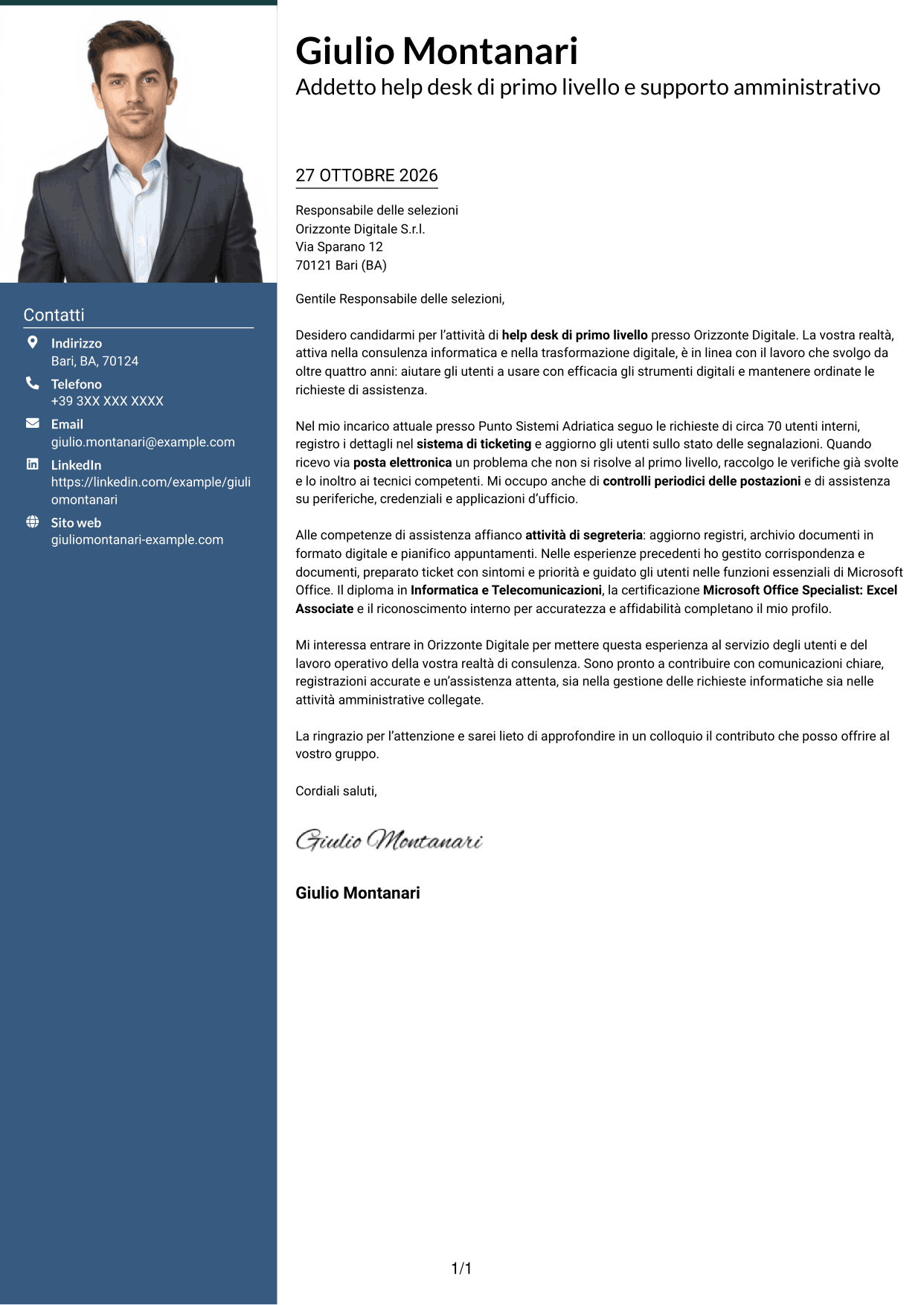 Lettera di presentazione Signature (formato con colonna laterale colorata e foto grande): Addetto Help Desk di Primo Livello - Supporto Informatico e Amministrativo, pagina 1