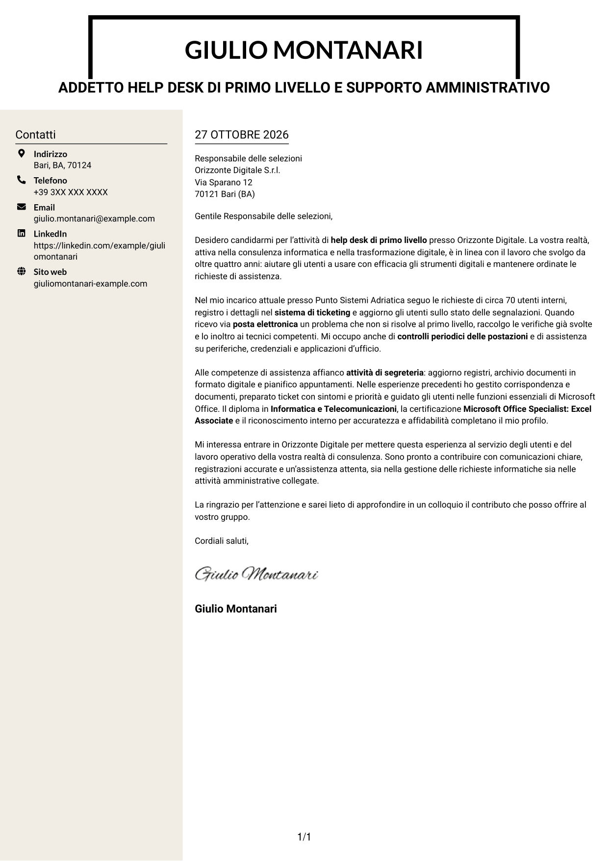 Lettera di presentazione Intraprendente (formato a due colonne con intestazione centrata senza foto): Addetto Help Desk di Primo Livello - Supporto Informatico e Amministrativo, pagina 1