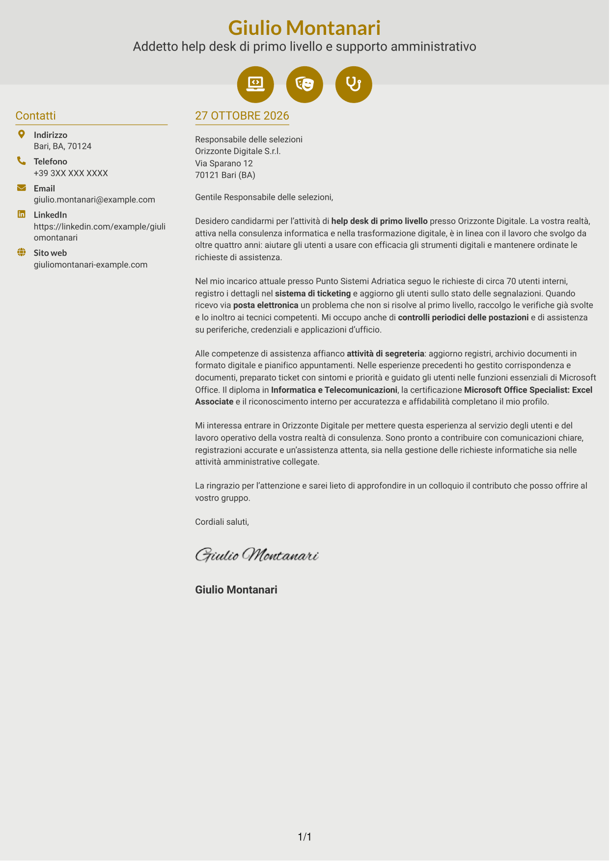 Lettera di presentazione Dinamico (formato a due colonne con icone): Addetto Help Desk di Primo Livello - Supporto Informatico e Amministrativo, pagina 1