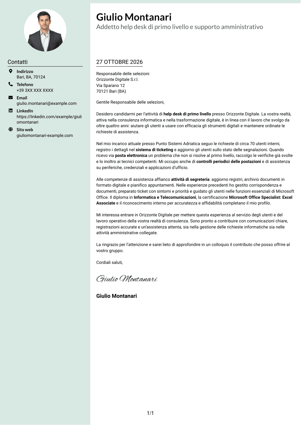 Lettera di presentazione Dirigente (formato con colonna laterale tenue e foto arrotondata): Addetto Help Desk di Primo Livello - Supporto Informatico e Amministrativo, pagina 1