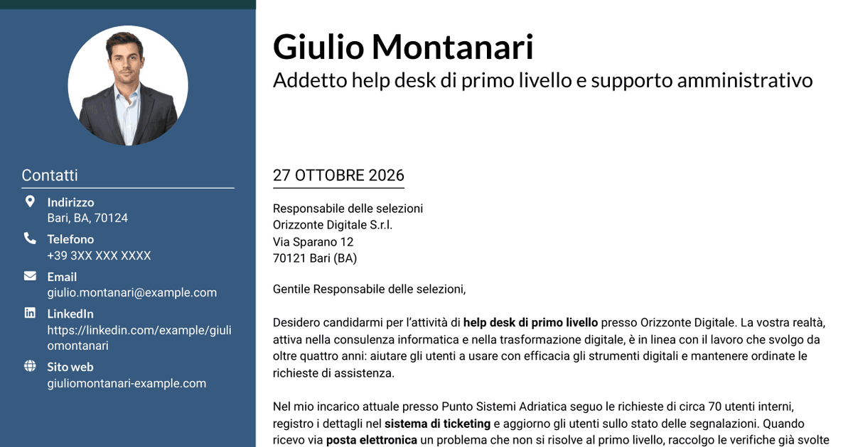 7 modelli di lettera di presentazione per Addetto Help Desk di Primo Livello - Supporto Informatico e Amministrativo, con esempi