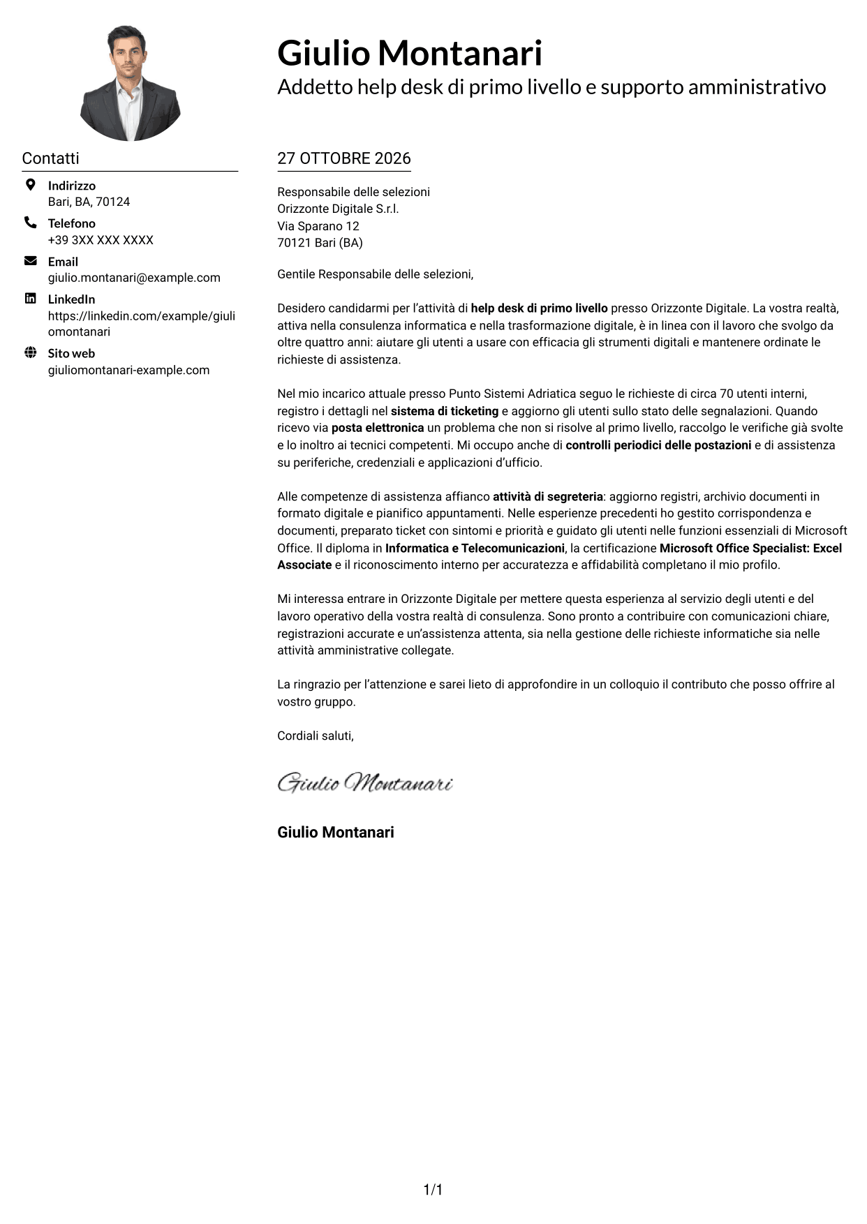 Esempio di lettera di presentazione — pagina 1