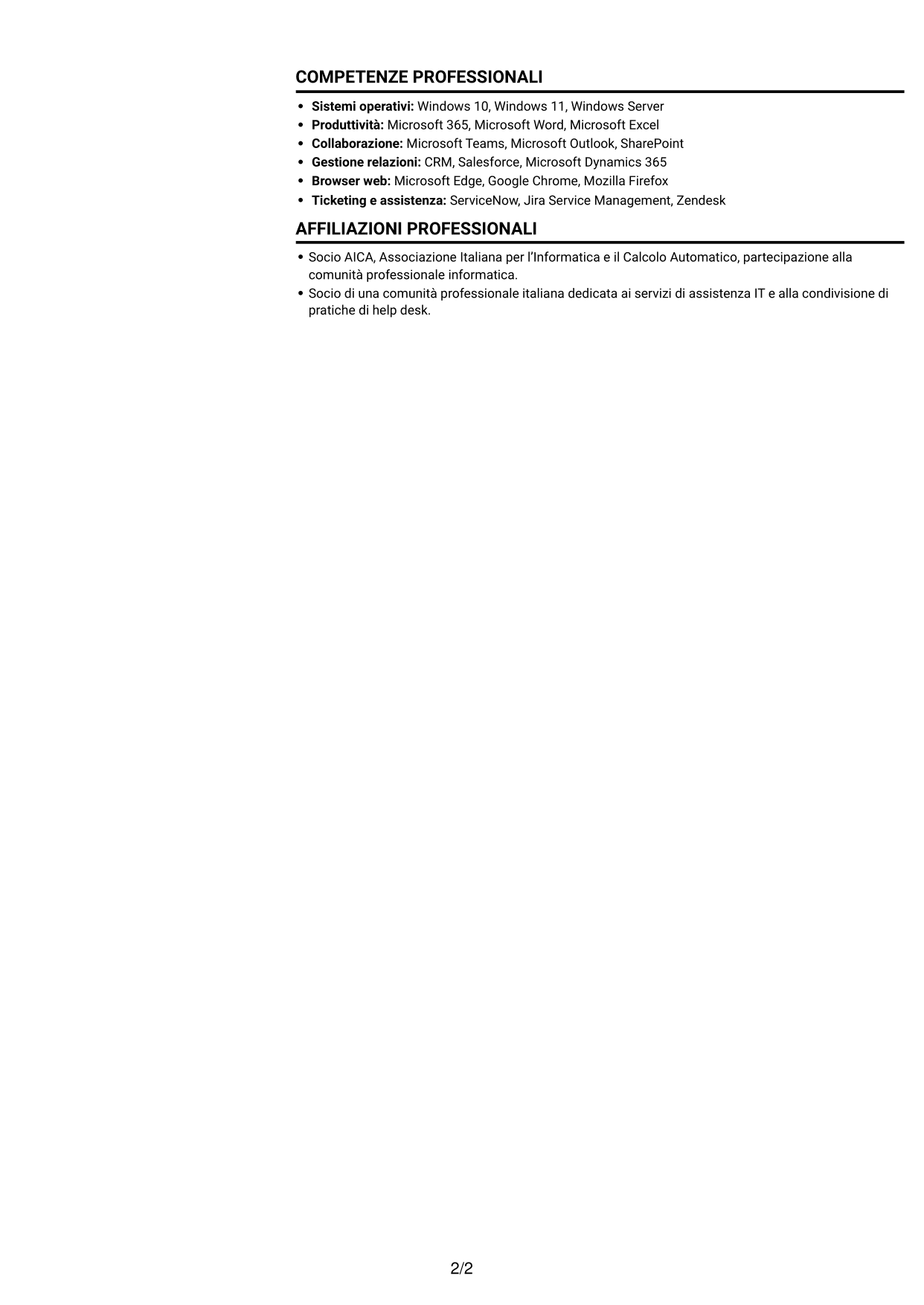 CV Compatto (formato sobrio a due colonne con foto): Addetto Help Desk e Back Office Tecnico, pagina 2