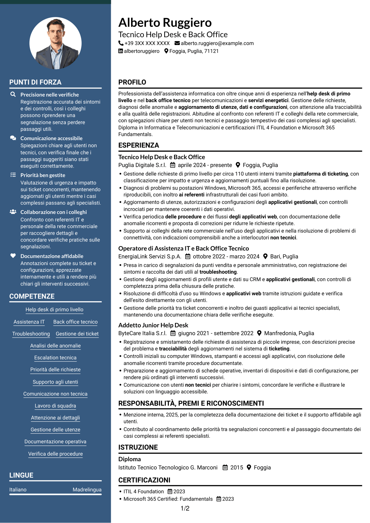 CV Elegante (formato con colonna laterale colorata e foto): Addetto Help Desk e Back Office Tecnico, pagina 1