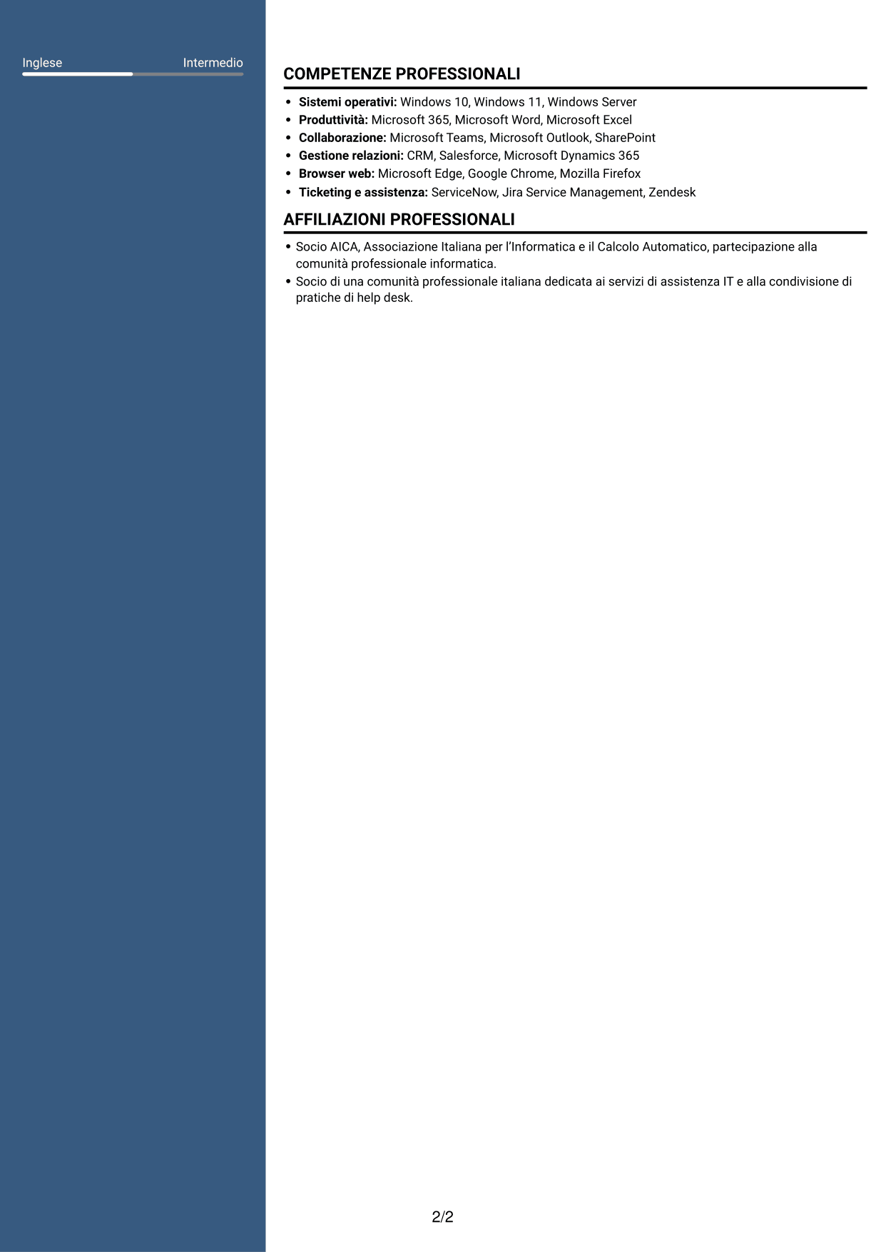 CV Elegante (formato con colonna laterale colorata e foto): Addetto Help Desk e Back Office Tecnico, pagina 2