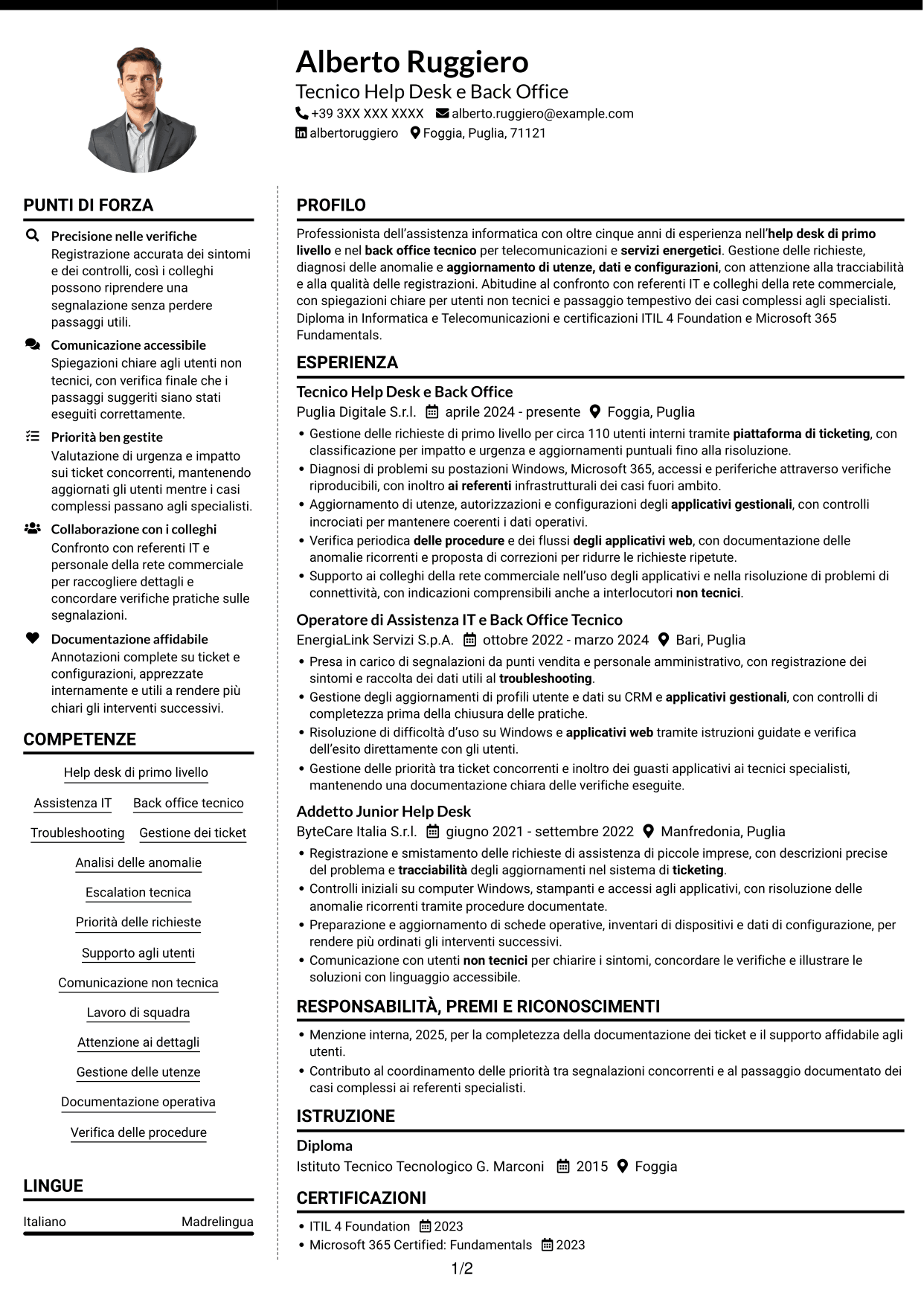 CV Moderno (formato a due colonne con foto a sinistra e separatore): Addetto Help Desk e Back Office Tecnico, pagina 1