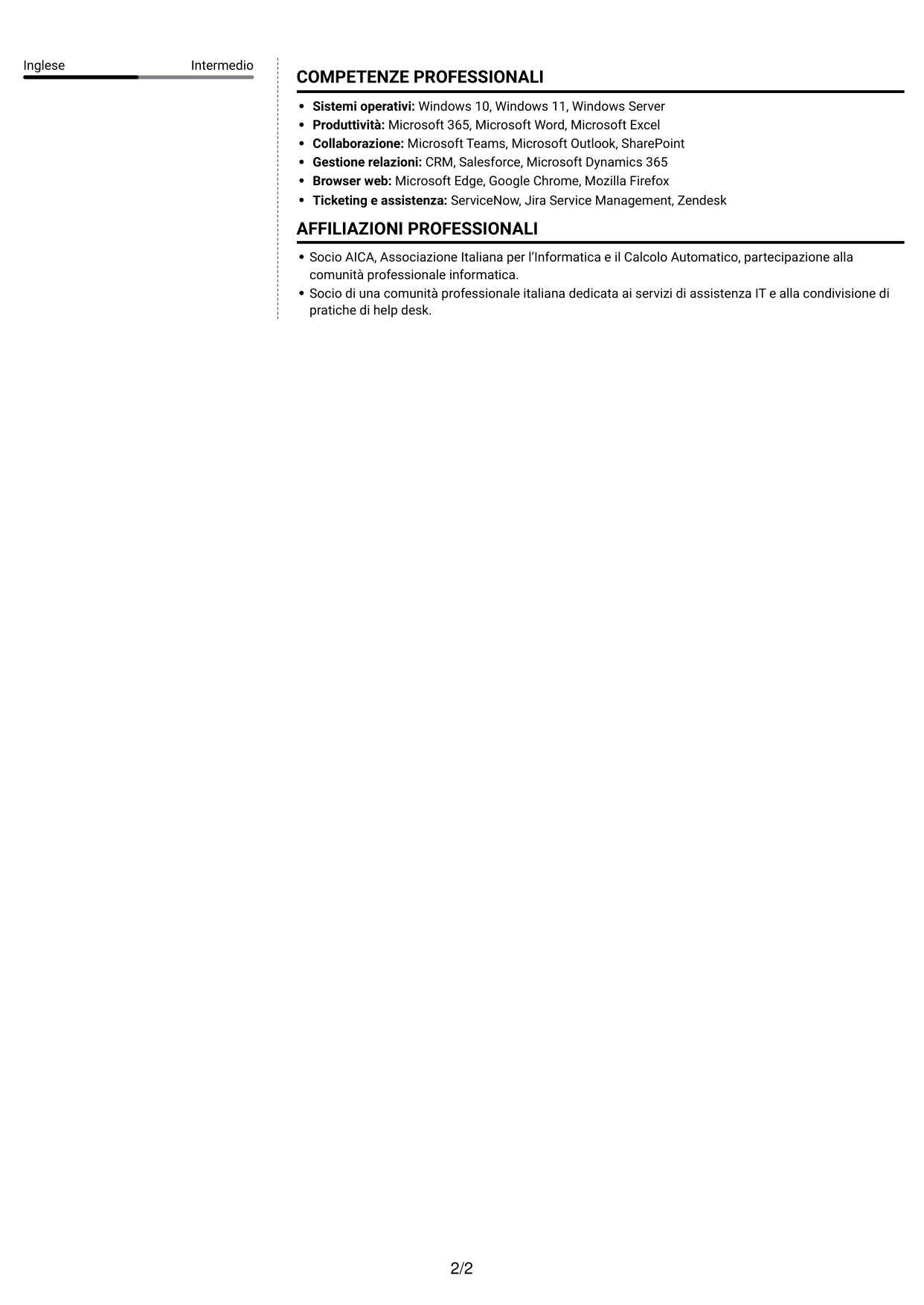 CV Moderno (formato a due colonne con foto a sinistra e separatore): Addetto Help Desk e Back Office Tecnico, pagina 2
