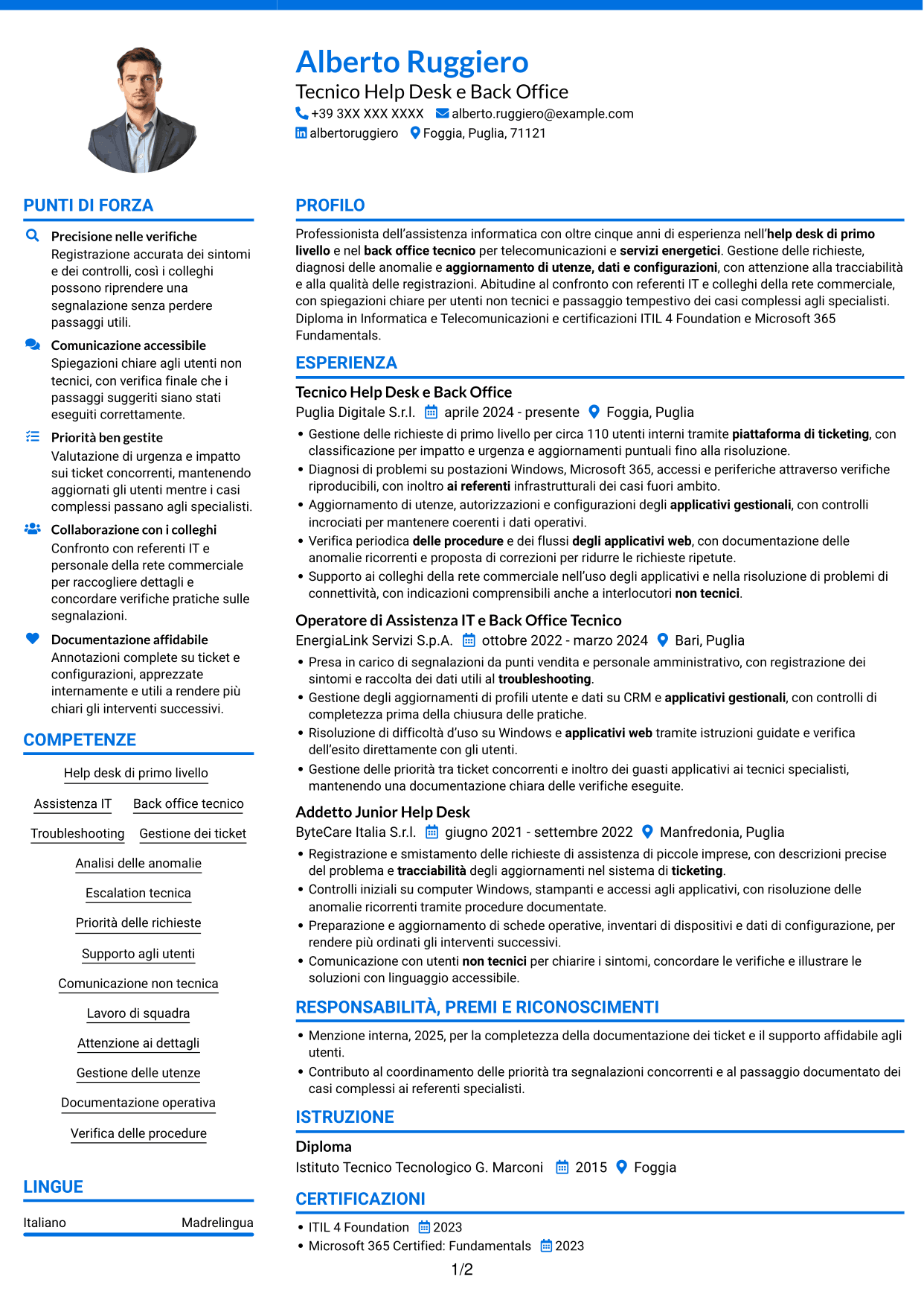CV Audace (formato a due colonne con accenti colorati e foto): Addetto Help Desk e Back Office Tecnico, pagina 1