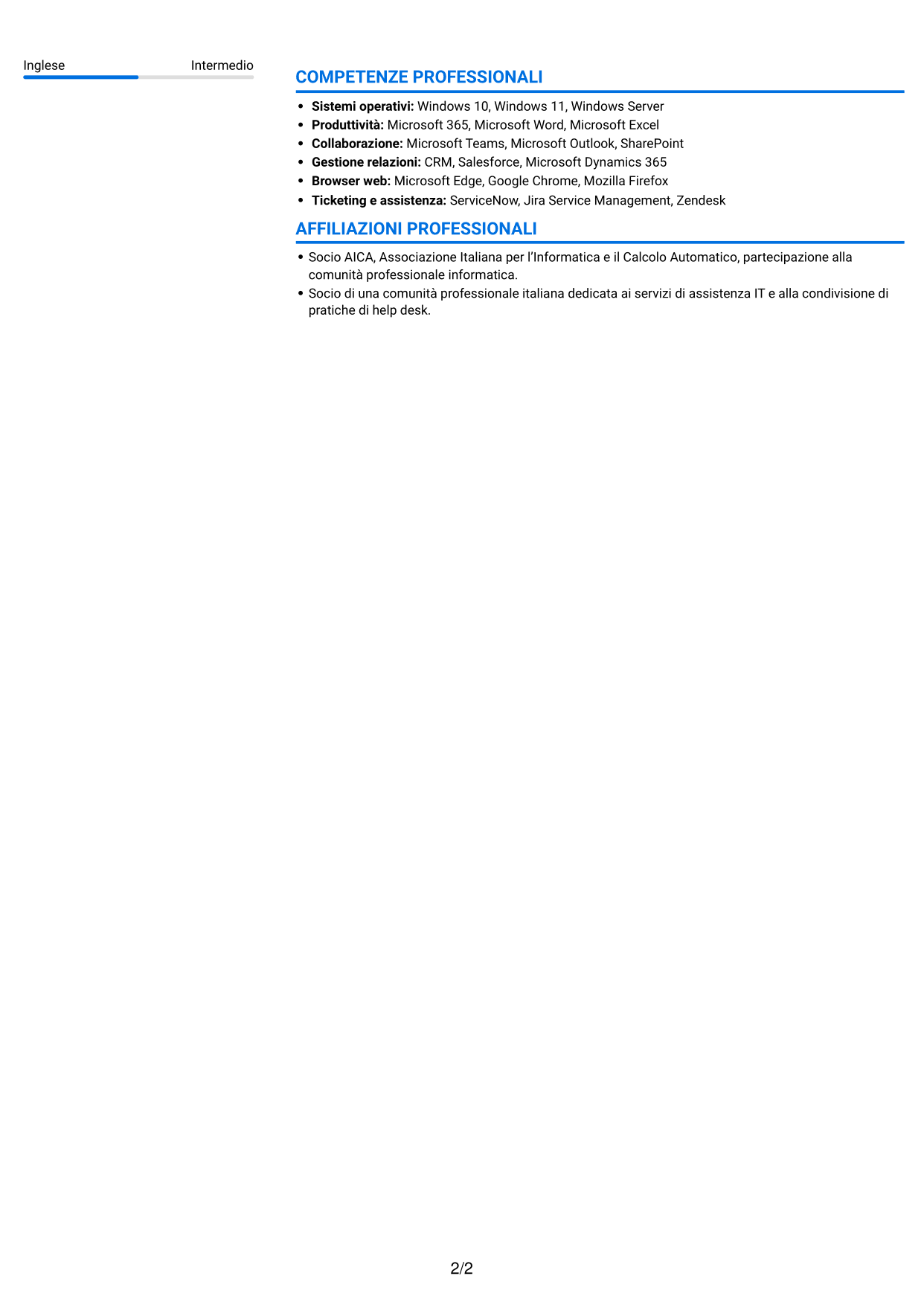 CV Audace (formato a due colonne con accenti colorati e foto): Addetto Help Desk e Back Office Tecnico, pagina 2