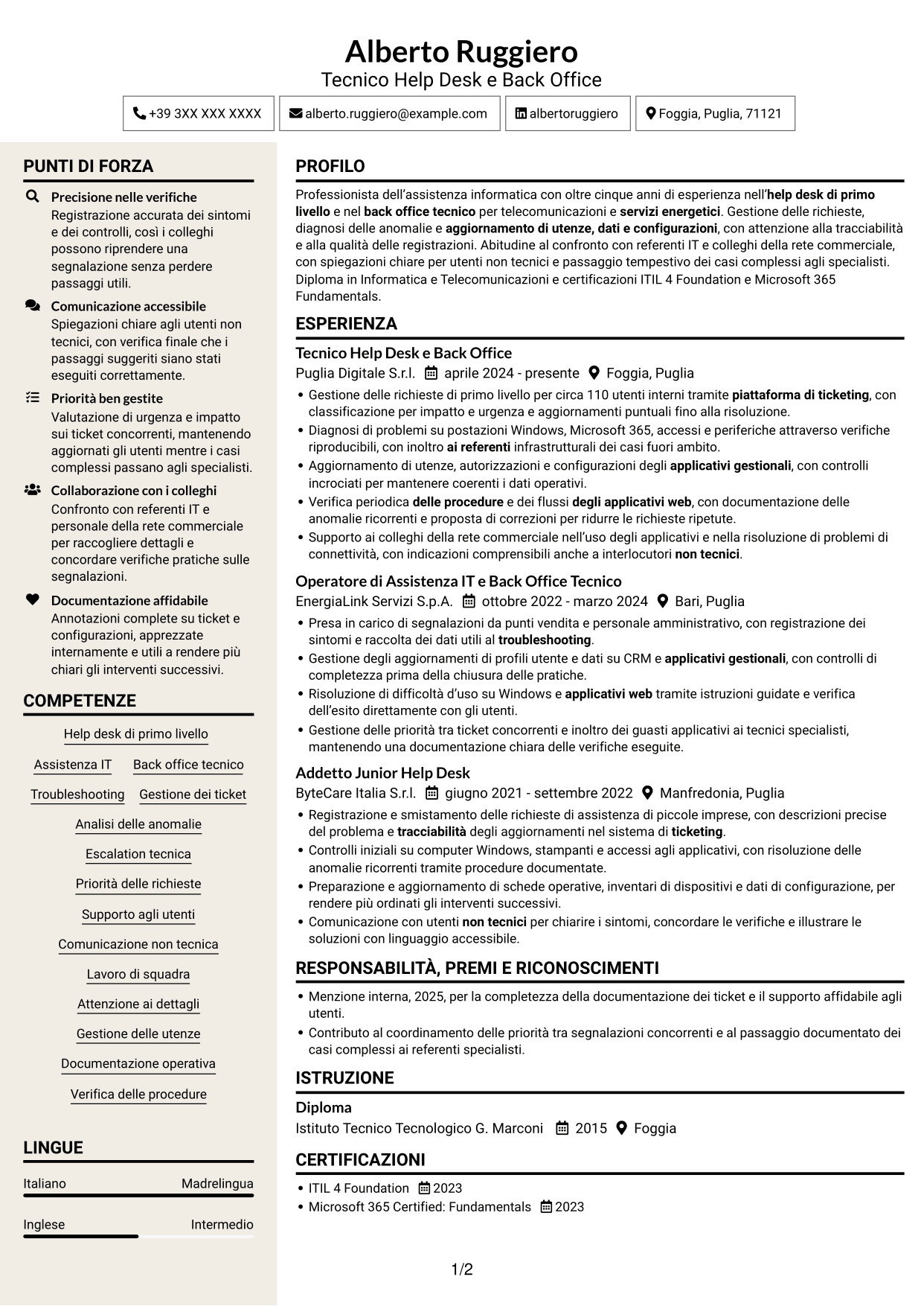 CV Intraprendente (formato a due colonne con intestazione centrata senza foto): Addetto Help Desk e Back Office Tecnico, pagina 1