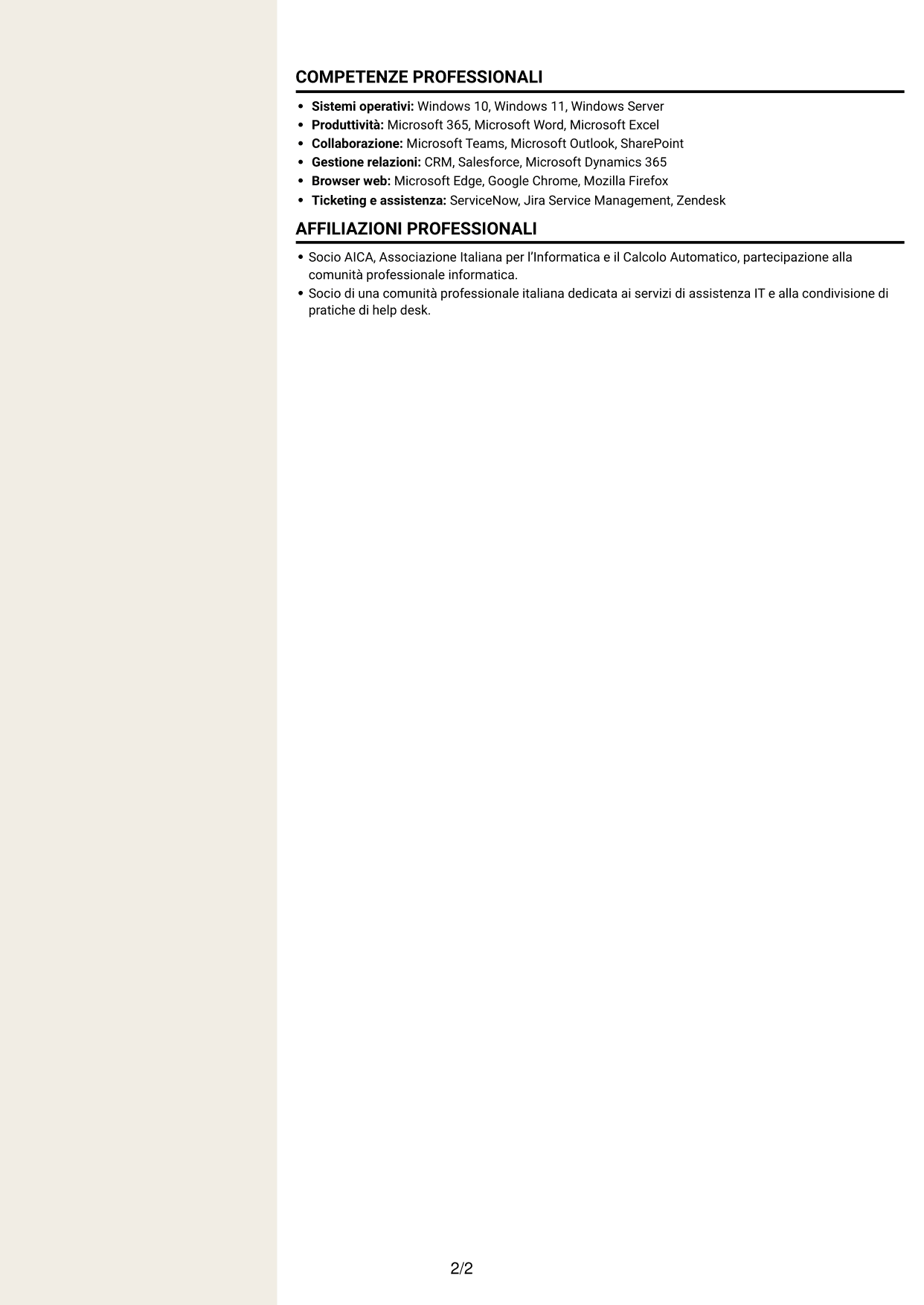 CV Intraprendente (formato a due colonne con intestazione centrata senza foto): Addetto Help Desk e Back Office Tecnico, pagina 2