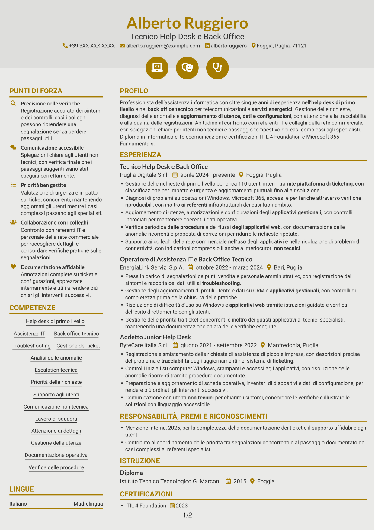 CV Dinamico (formato a due colonne con icone): Addetto Help Desk e Back Office Tecnico, pagina 1