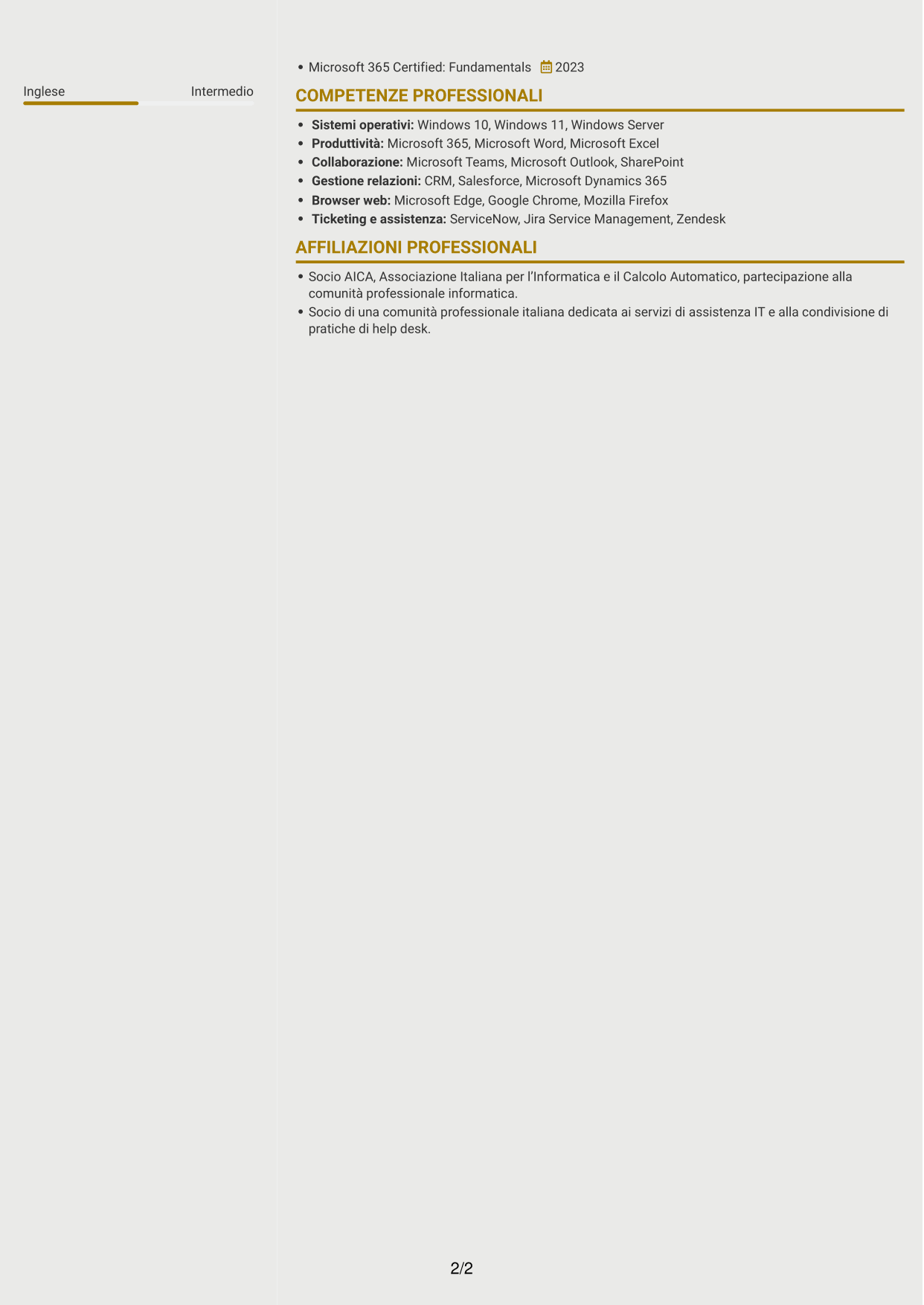 CV Dinamico (formato a due colonne con icone): Addetto Help Desk e Back Office Tecnico, pagina 2