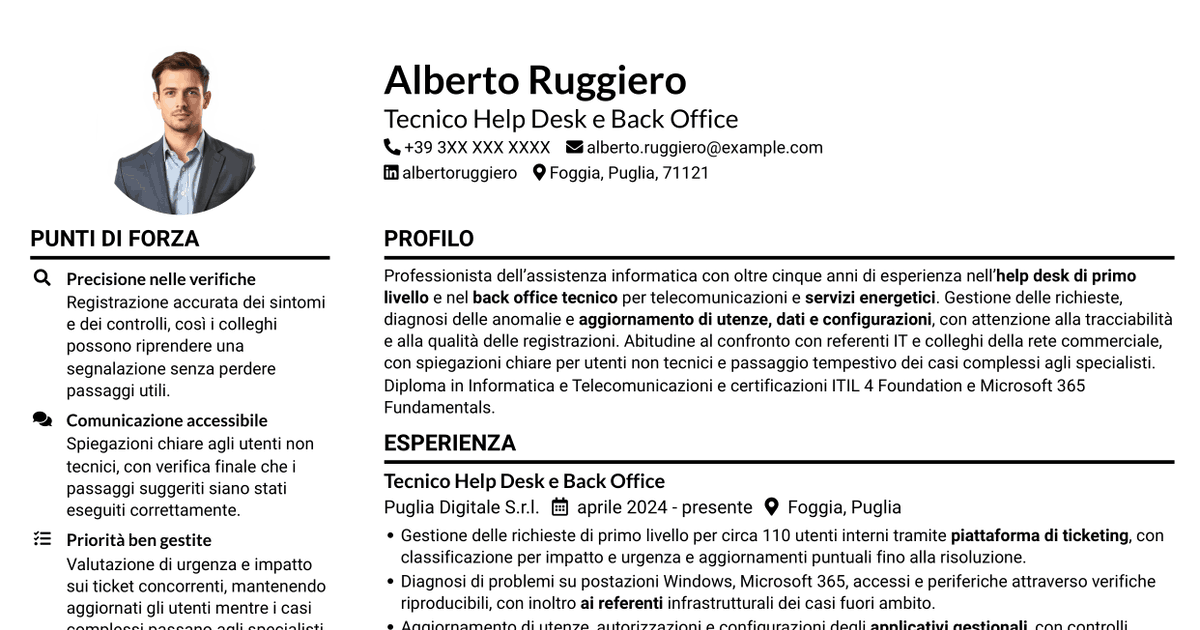 7 modelli di CV per Addetto Help Desk e Back Office Tecnico, con esempi