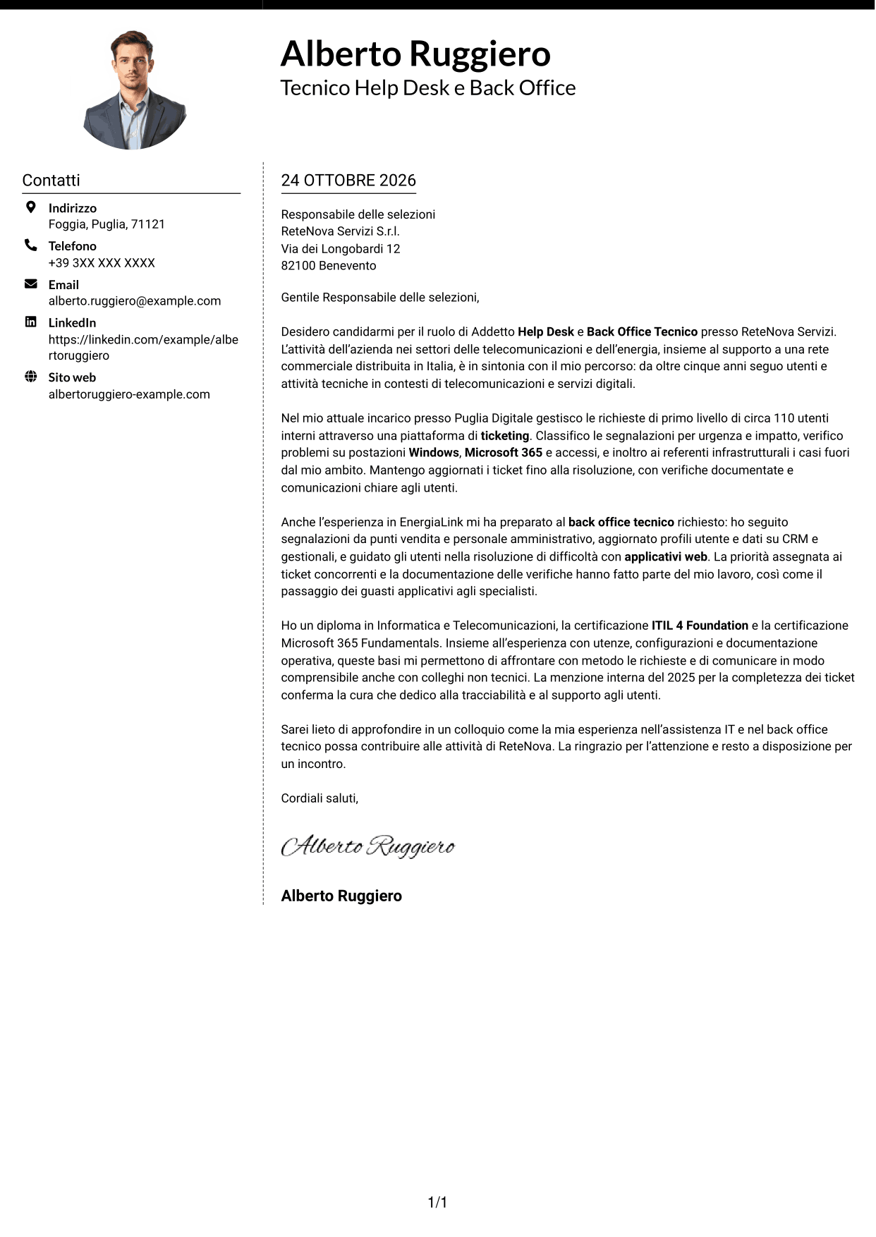 Lettera di presentazione Moderno (formato a due colonne con foto a sinistra e separatore): Addetto Help Desk e Back Office Tecnico, pagina 1