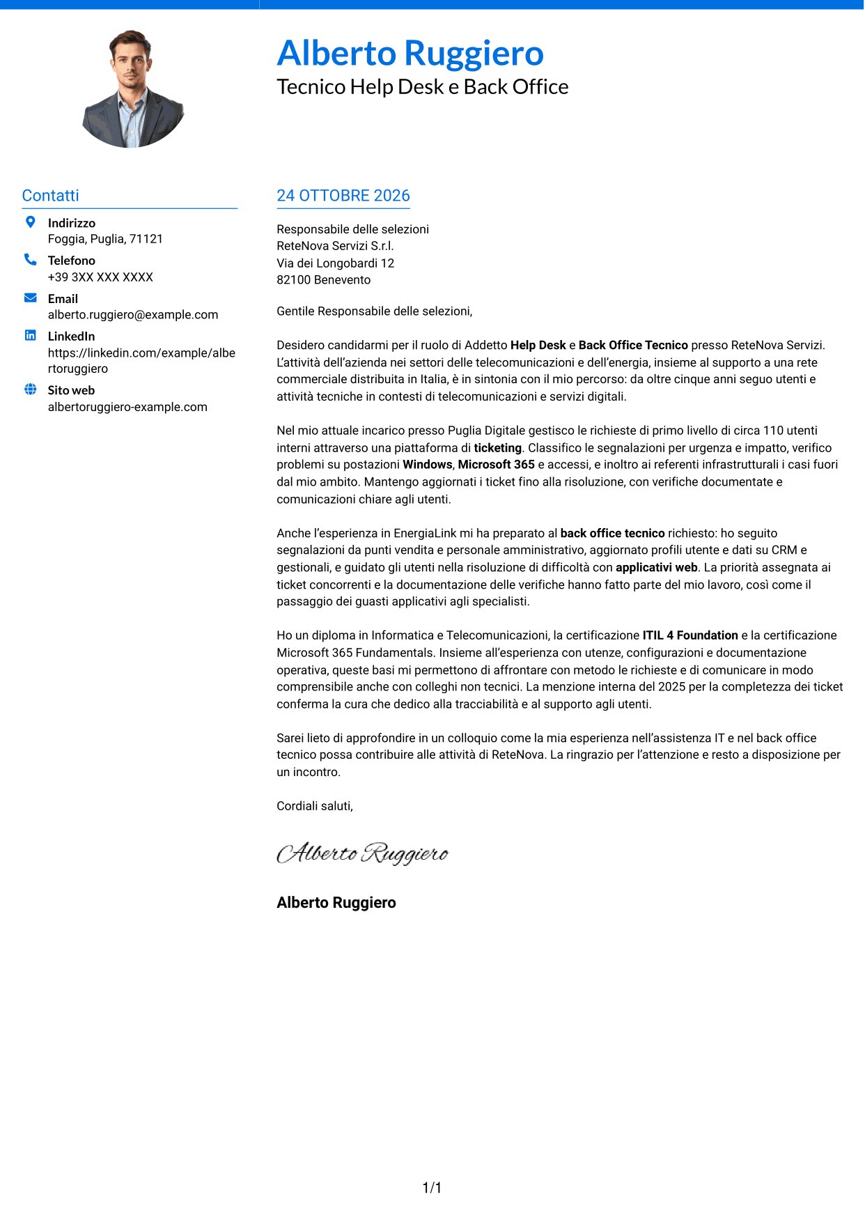 Lettera di presentazione Audace (formato a due colonne con accenti colorati e foto): Addetto Help Desk e Back Office Tecnico, pagina 1