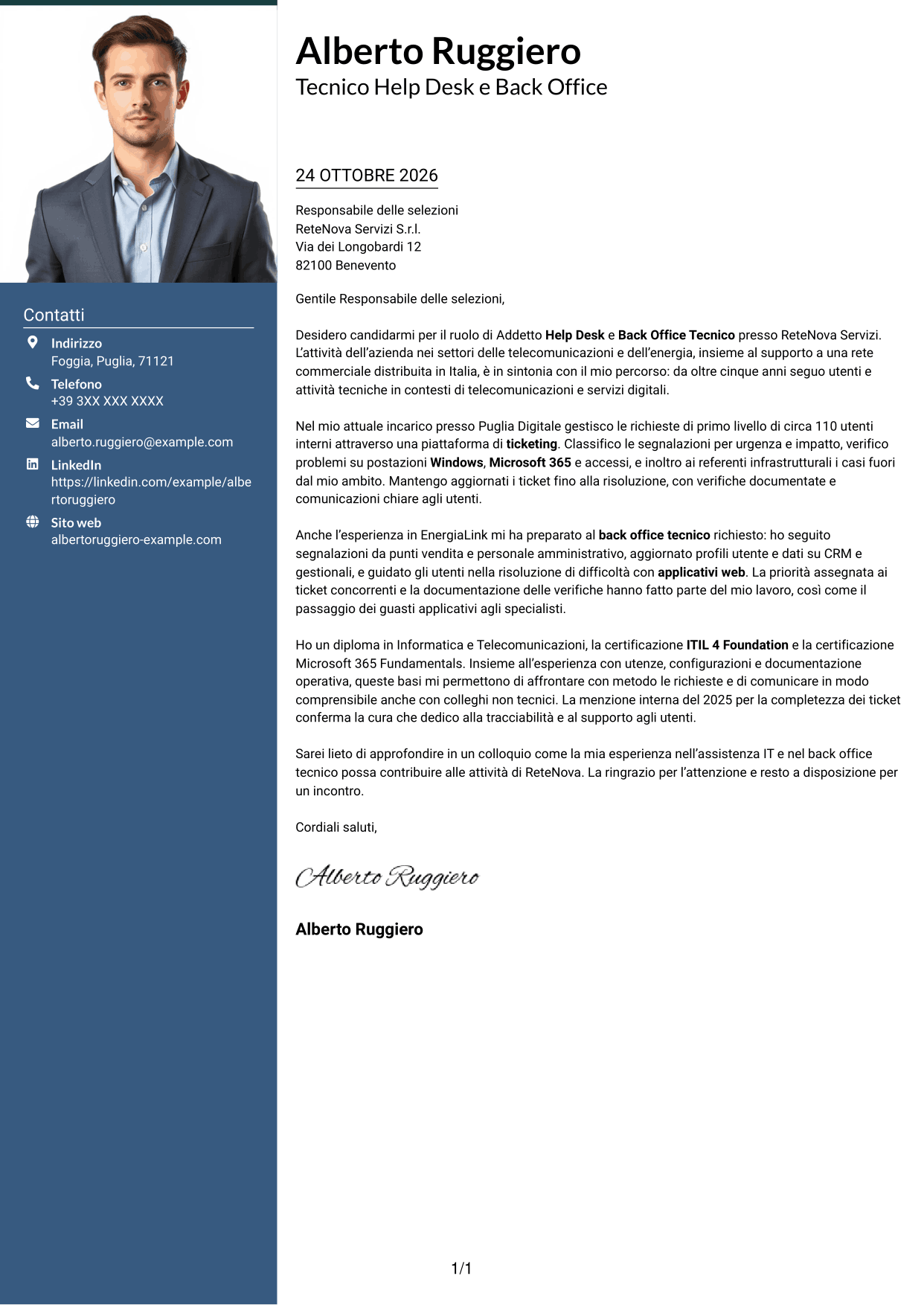 Lettera di presentazione Signature (formato con colonna laterale colorata e foto grande): Addetto Help Desk e Back Office Tecnico, pagina 1