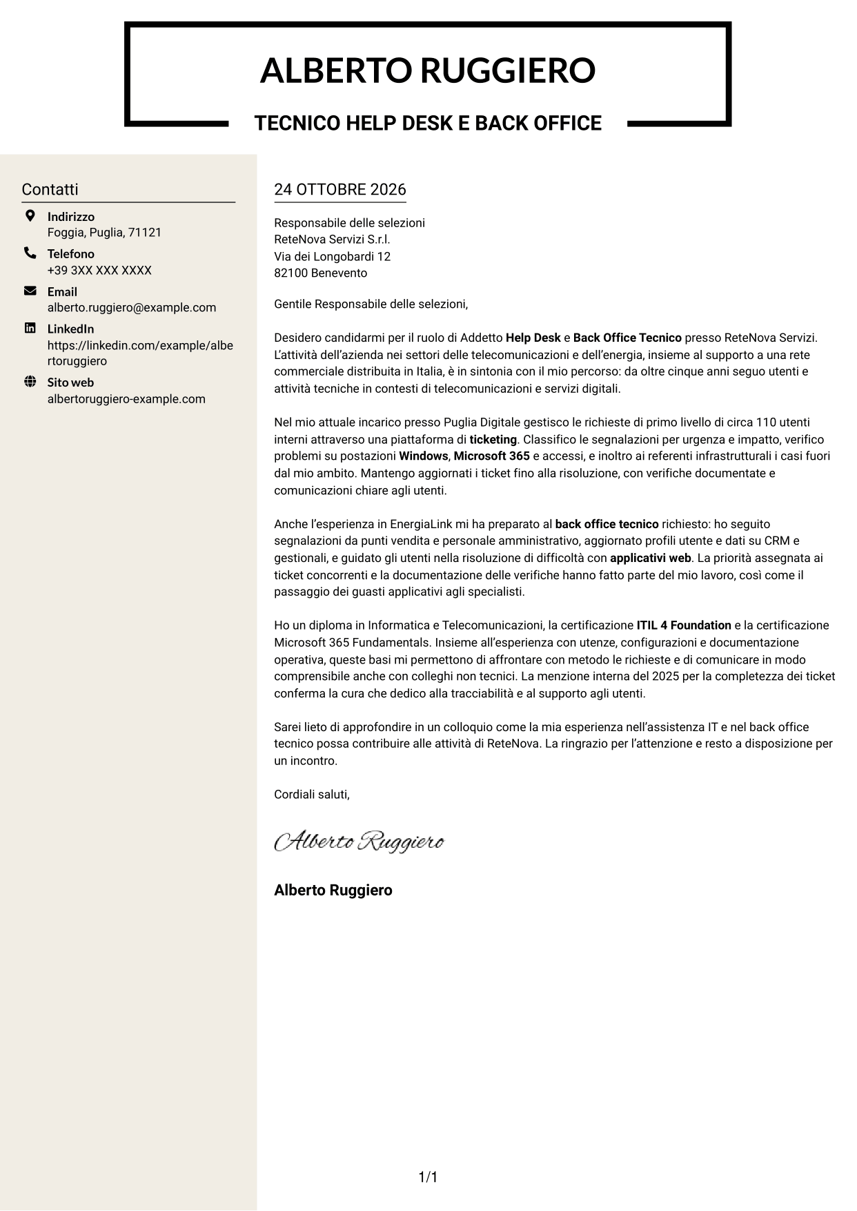Lettera di presentazione Intraprendente (formato a due colonne con intestazione centrata senza foto): Addetto Help Desk e Back Office Tecnico, pagina 1