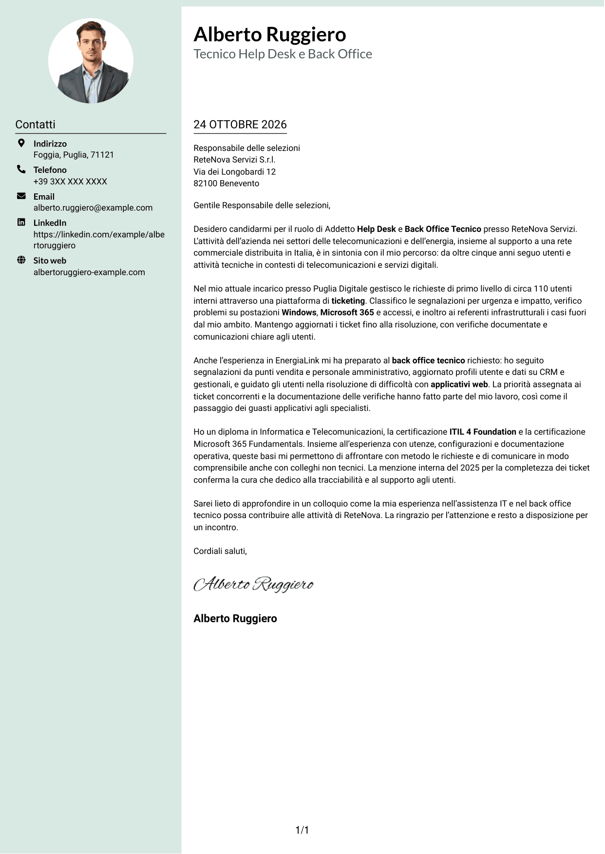 Lettera di presentazione Dirigente (formato con colonna laterale tenue e foto arrotondata): Addetto Help Desk e Back Office Tecnico, pagina 1