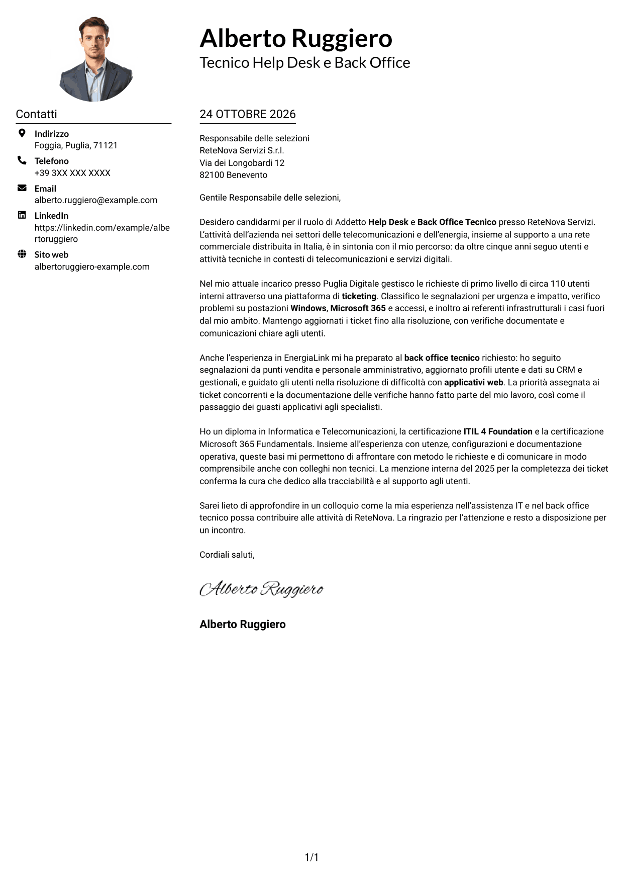Esempio di lettera di presentazione — pagina 1