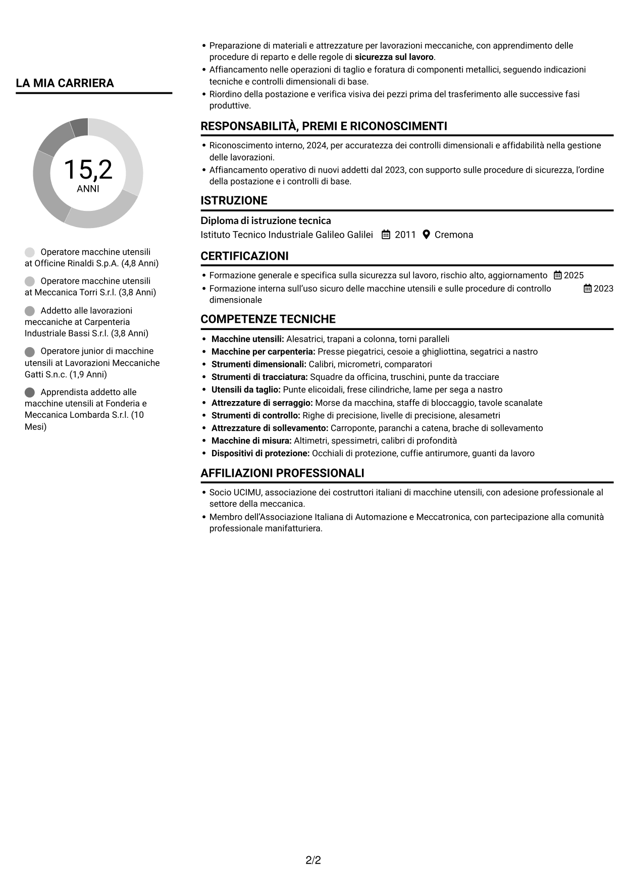 CV Compatto (formato sobrio a due colonne con foto): Addetto macchine utensili - Carpenteria pesante, pagina 2