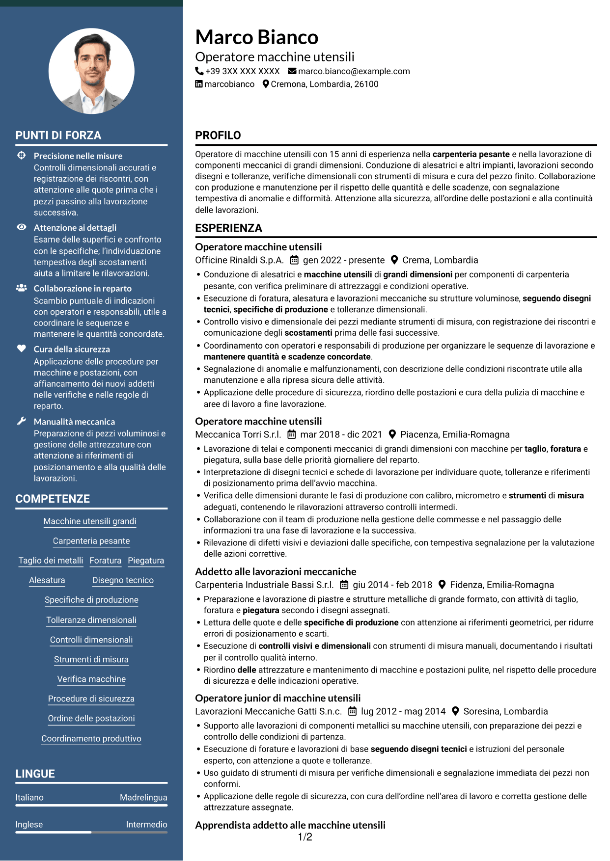 CV Elegante (formato con colonna laterale colorata e foto): Addetto macchine utensili - Carpenteria pesante, pagina 1