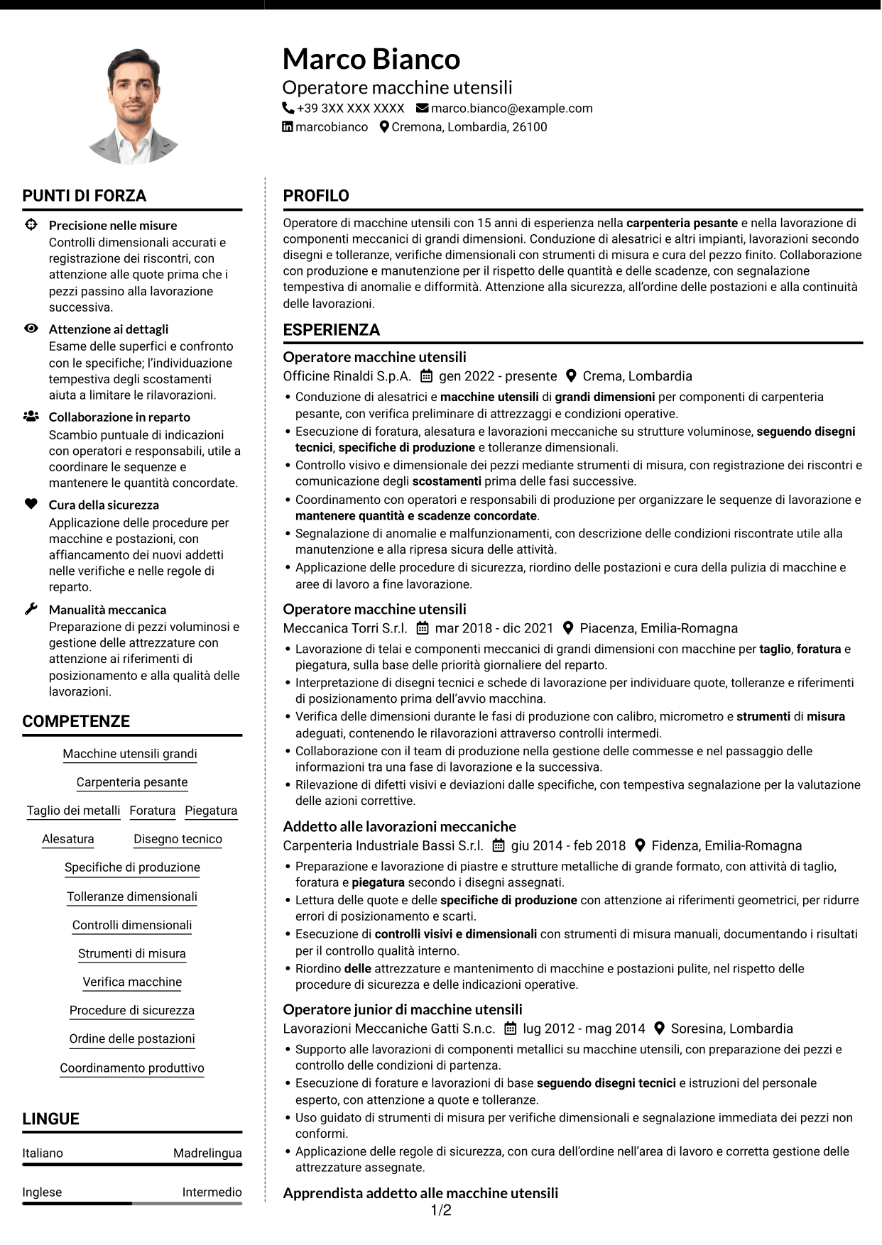 CV Moderno (formato a due colonne con foto a sinistra e separatore): Addetto macchine utensili - Carpenteria pesante, pagina 1
