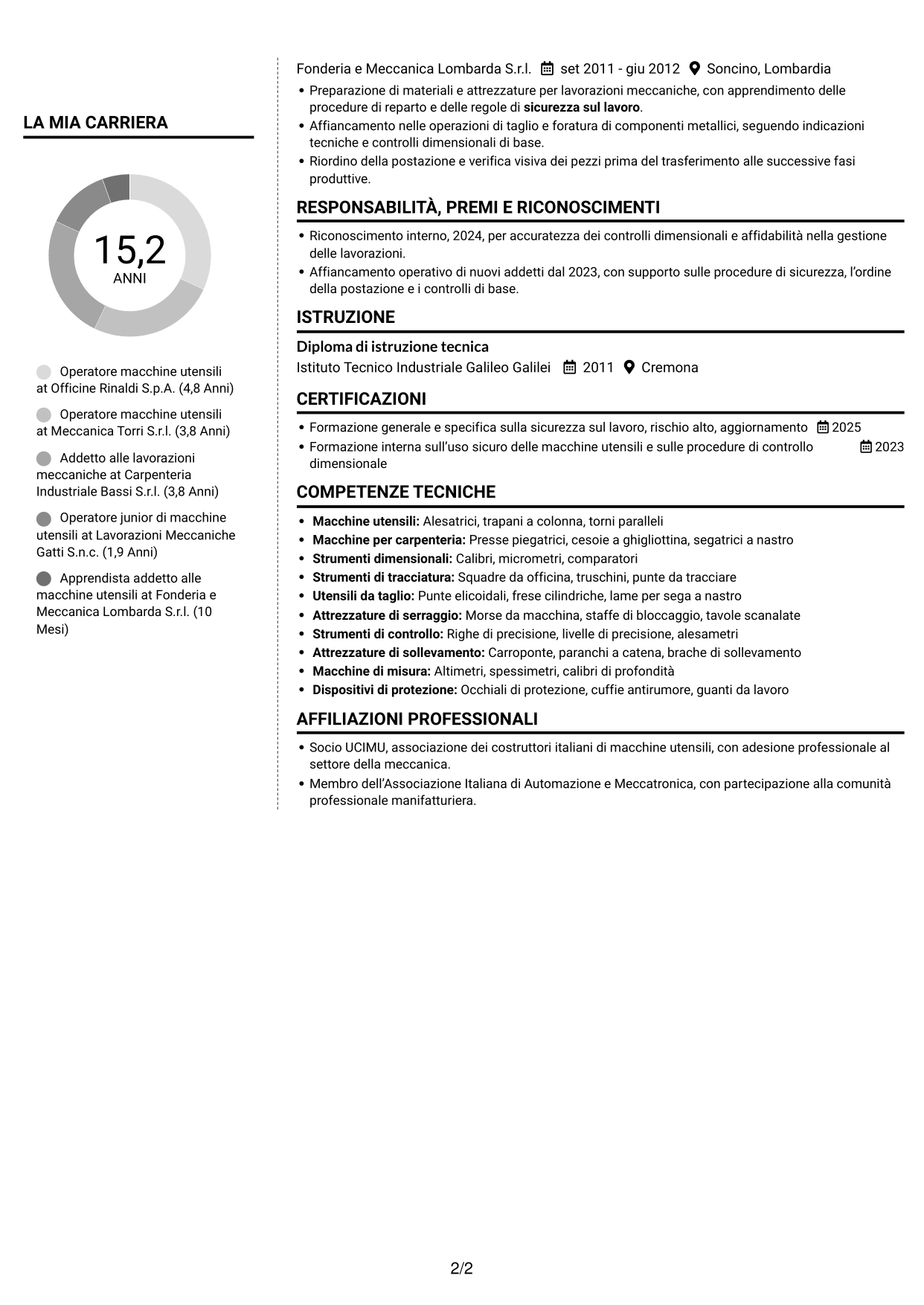 CV Moderno (formato a due colonne con foto a sinistra e separatore): Addetto macchine utensili - Carpenteria pesante, pagina 2