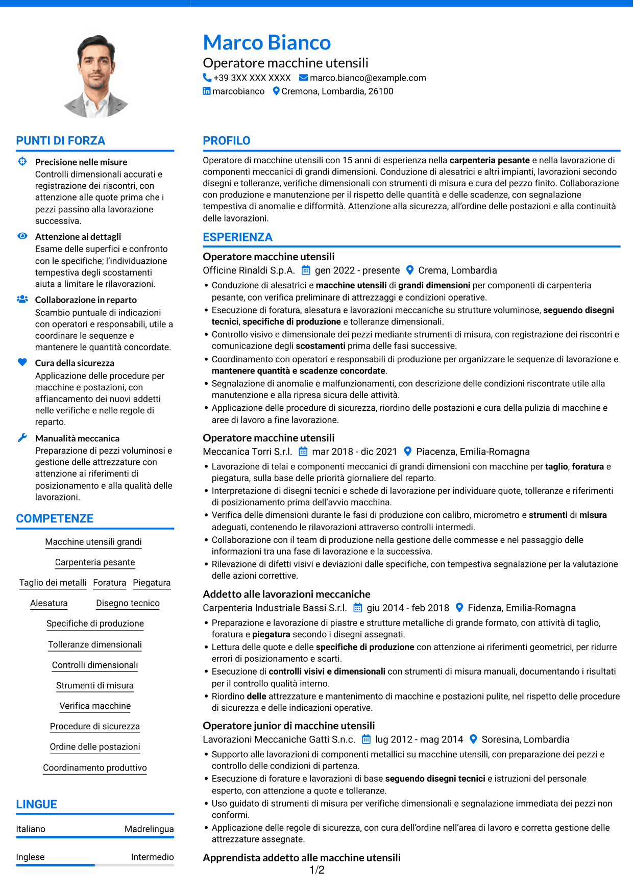 CV Audace (formato a due colonne con accenti colorati e foto): Addetto macchine utensili - Carpenteria pesante, pagina 1