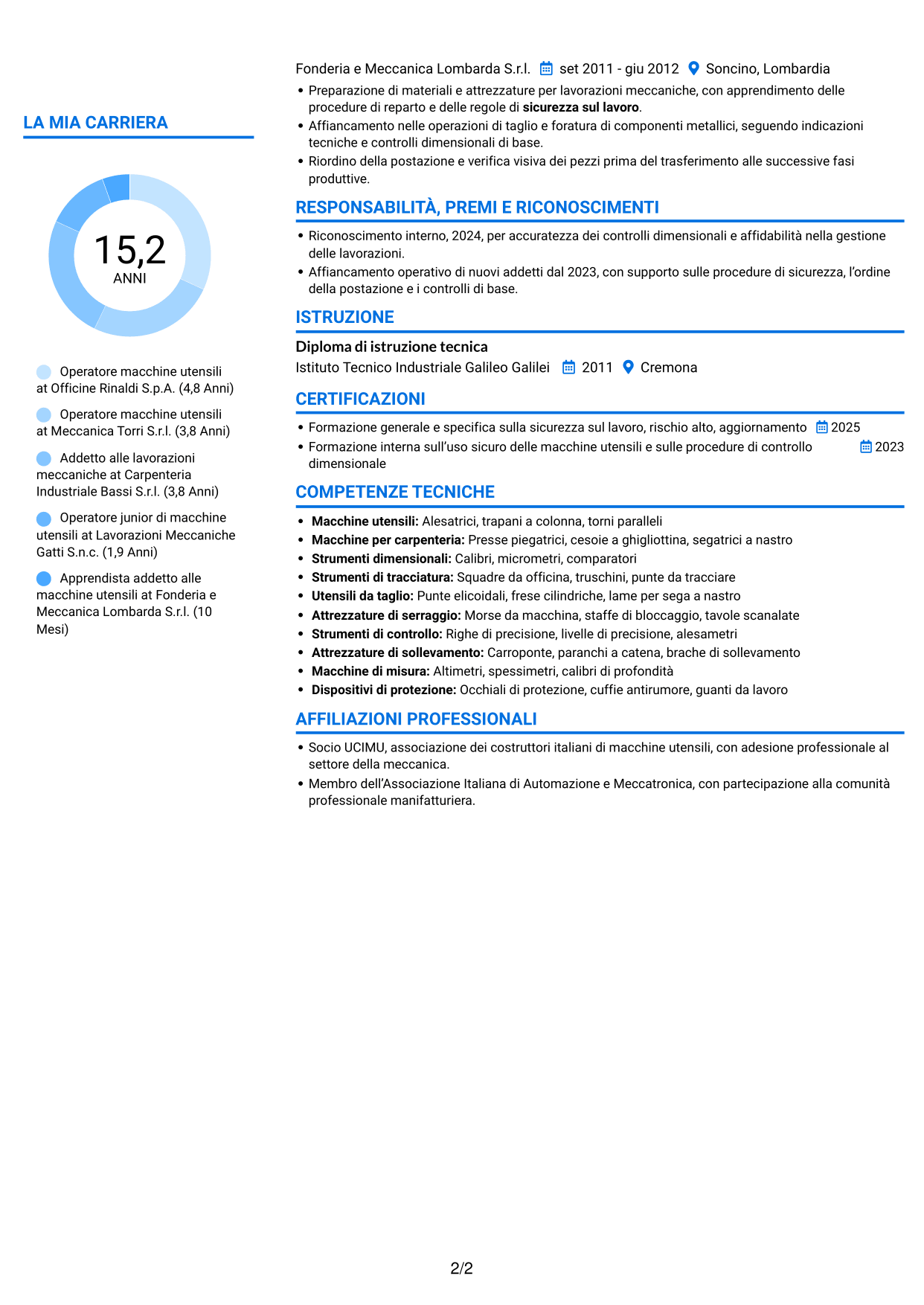 CV Audace (formato a due colonne con accenti colorati e foto): Addetto macchine utensili - Carpenteria pesante, pagina 2
